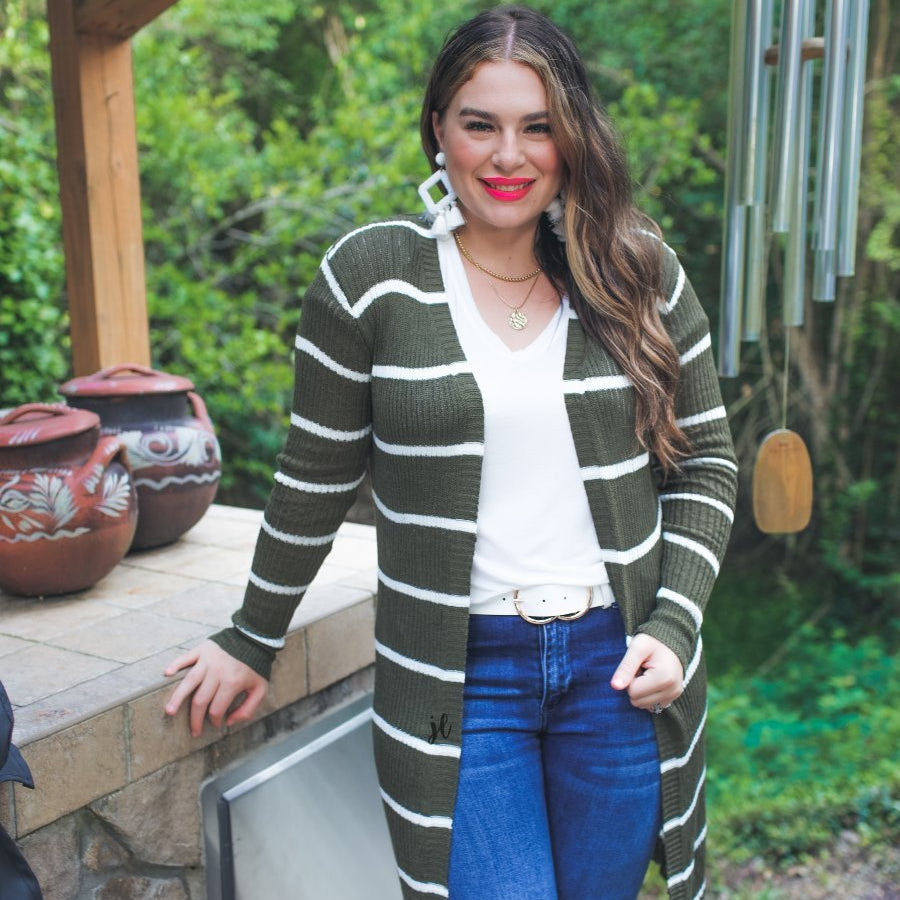 long-sleeve open front cardigan made from super soft, classic fabric with horizontal stripes and a relaxed fit in olive