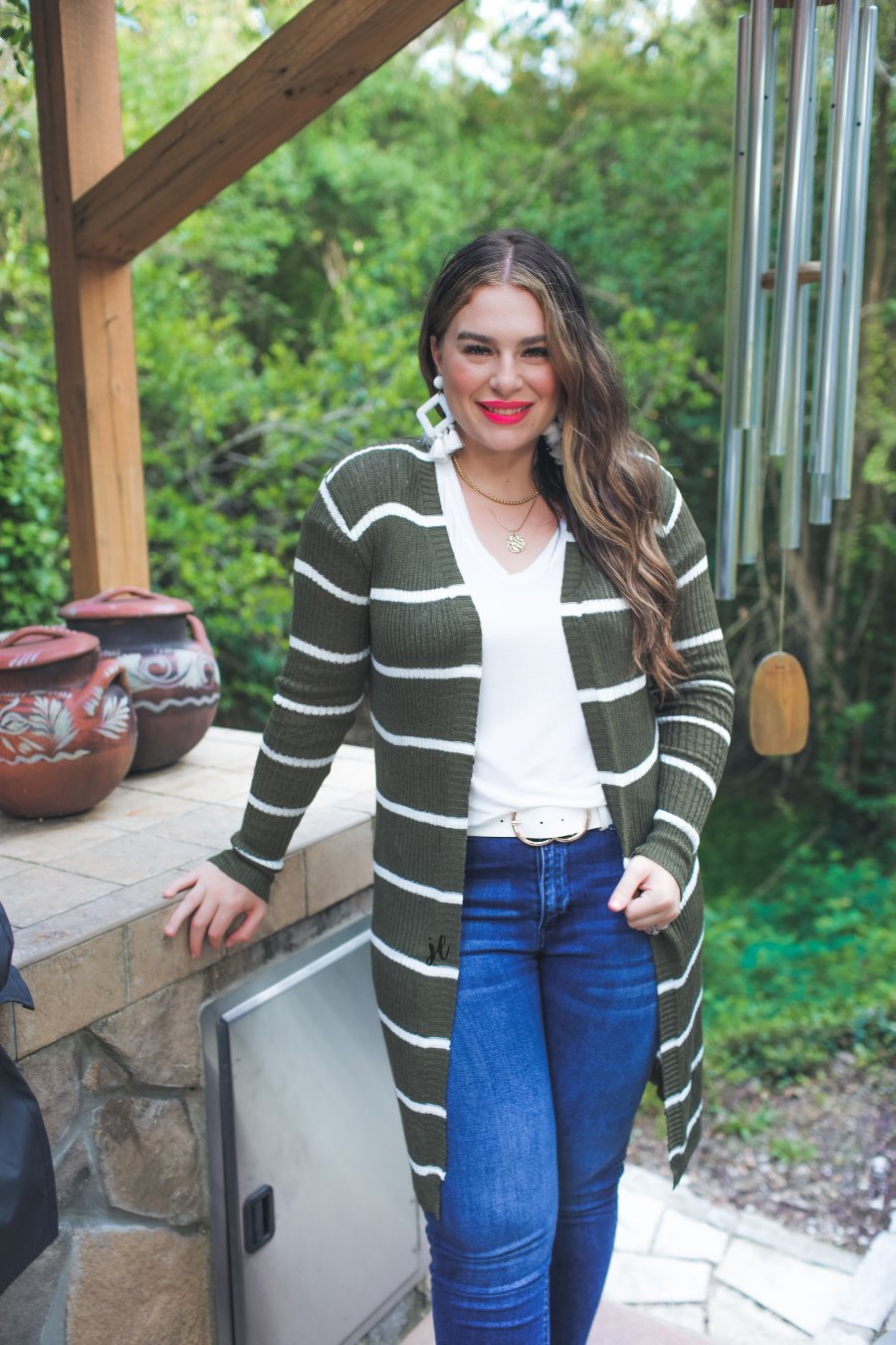 long-sleeve open front cardigan made from super soft, classic fabric with horizontal stripes and a relaxed fit in olive