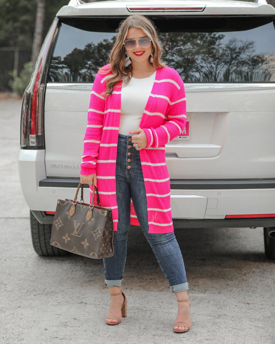 long-sleeve open front cardigan made from super soft, classic fabric with horizontal stripes and a relaxed fit in pink