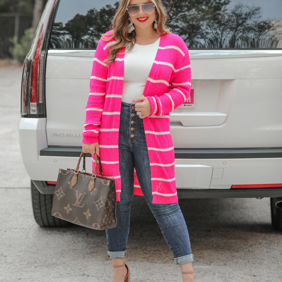 long-sleeve open front cardigan made from super soft, classic fabric with horizontal stripes and a relaxed fit in pink