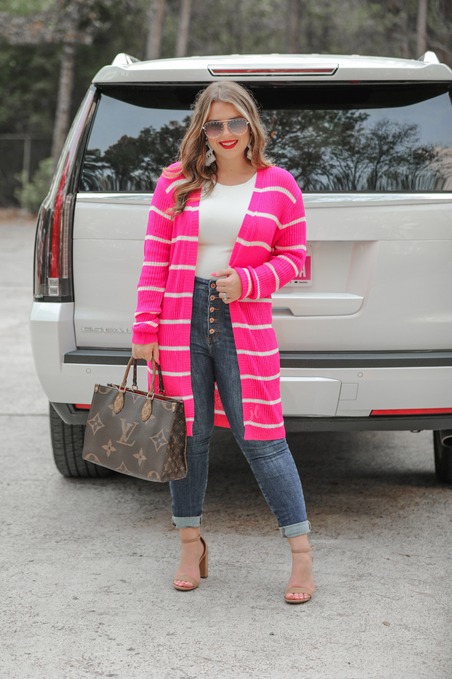 long-sleeve open front cardigan made from super soft, classic fabric with horizontal stripes and a relaxed fit in pink