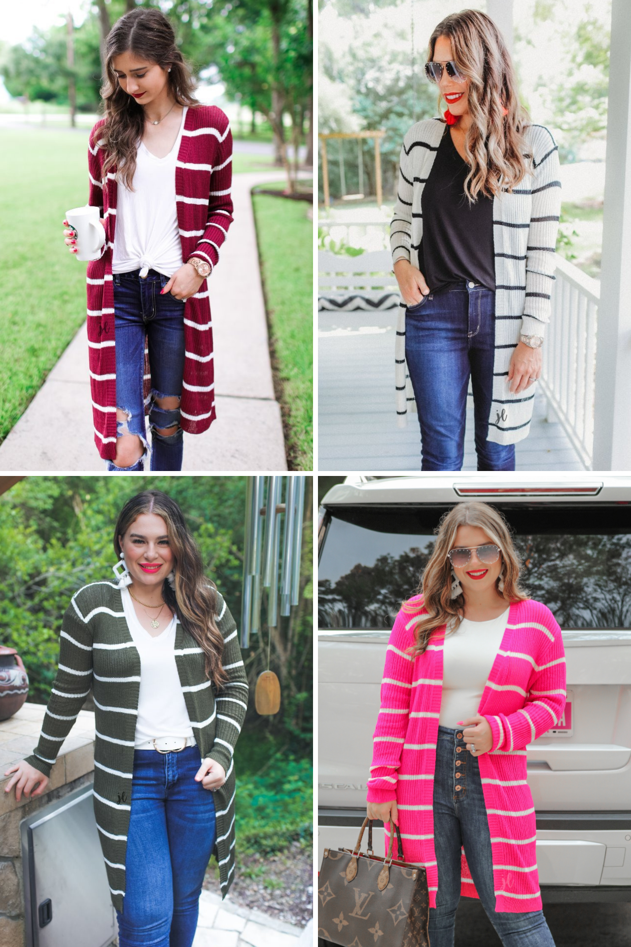 long-sleeve open front cardigan made from super soft, classic fabric with horizontal stripes and a relaxed fit in burgundy, ivory, olive, and pink