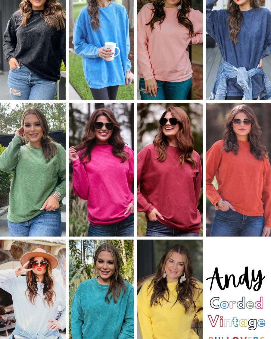 a long-sleeve ribbed textured pullover with a crew neck collar, a vintage wash, and a relaxed fit in black, blue, blush, navy, olive, pink, red, rust, silver, teal and yellow