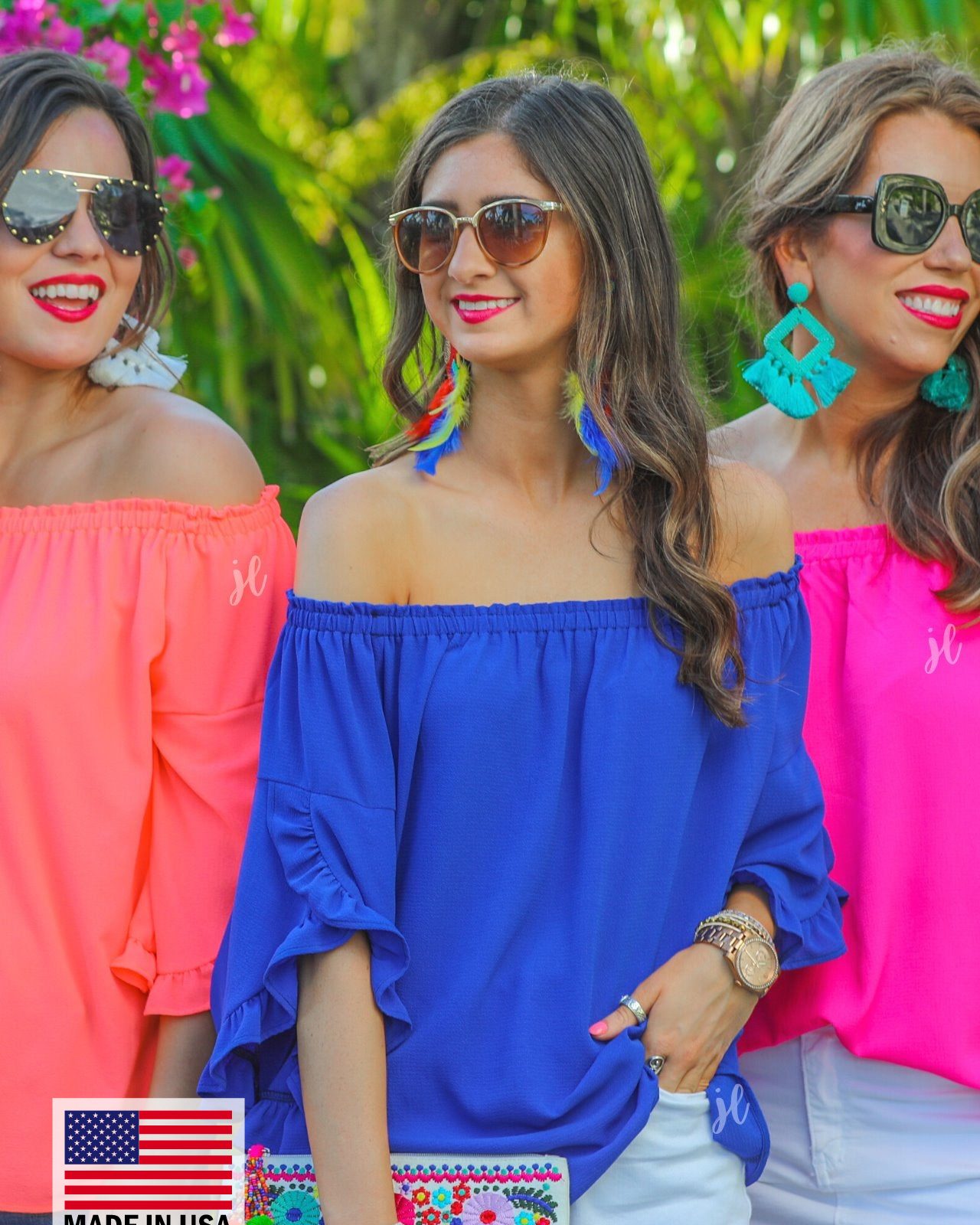 MADE IN USA a flowy style top with a gathered scoop neckline that can be worn on or off the shoulder and three-quarter split ruffle sleeves in blue, coral, and pink