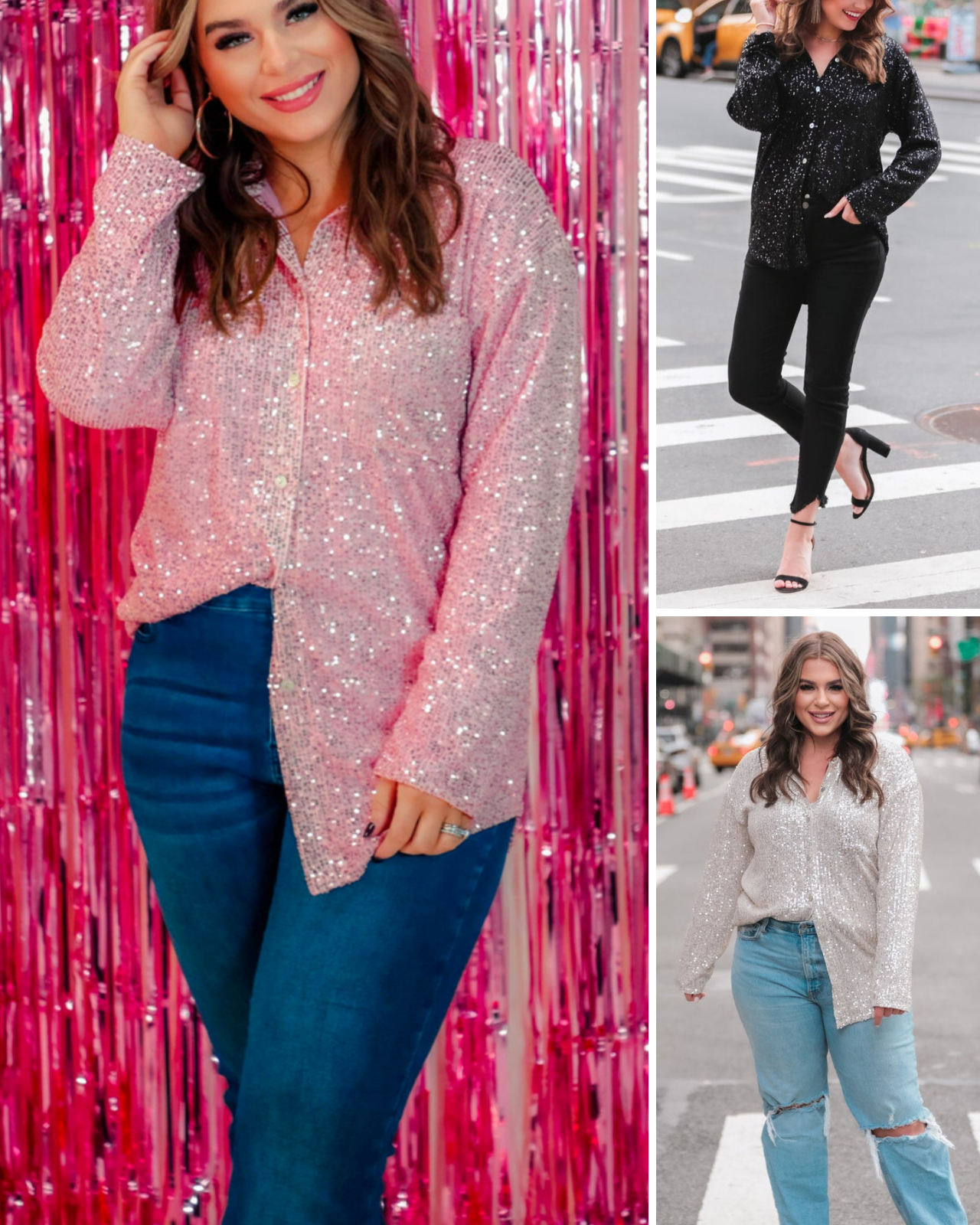a loose long-sleeve top made of lightweight material covered in shimmering sequins with a collared neckline, fitted button closure cuffs, an accent chest pocket, and a relaxed button-up silhouette that falls into a round high-low hemline in black, champagne, and pink