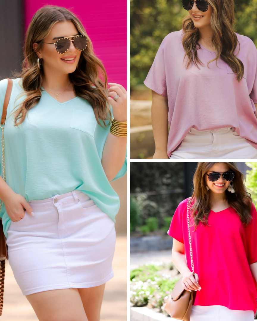 a lightweight short-sleeve woven tunic with a V-neckline, a front chest pocket, and a relaxed, non-stretch silhouette in aqua, lilac, and magenta