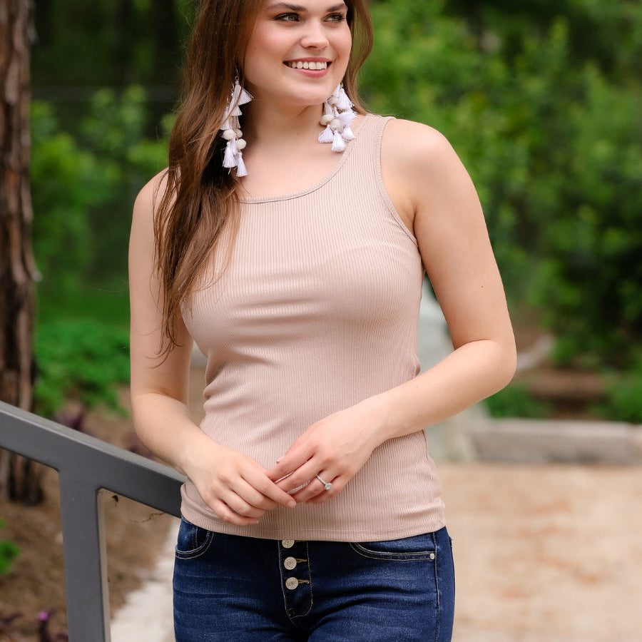 sleeveless tank top made of stretchy ribbed fabric in taupe