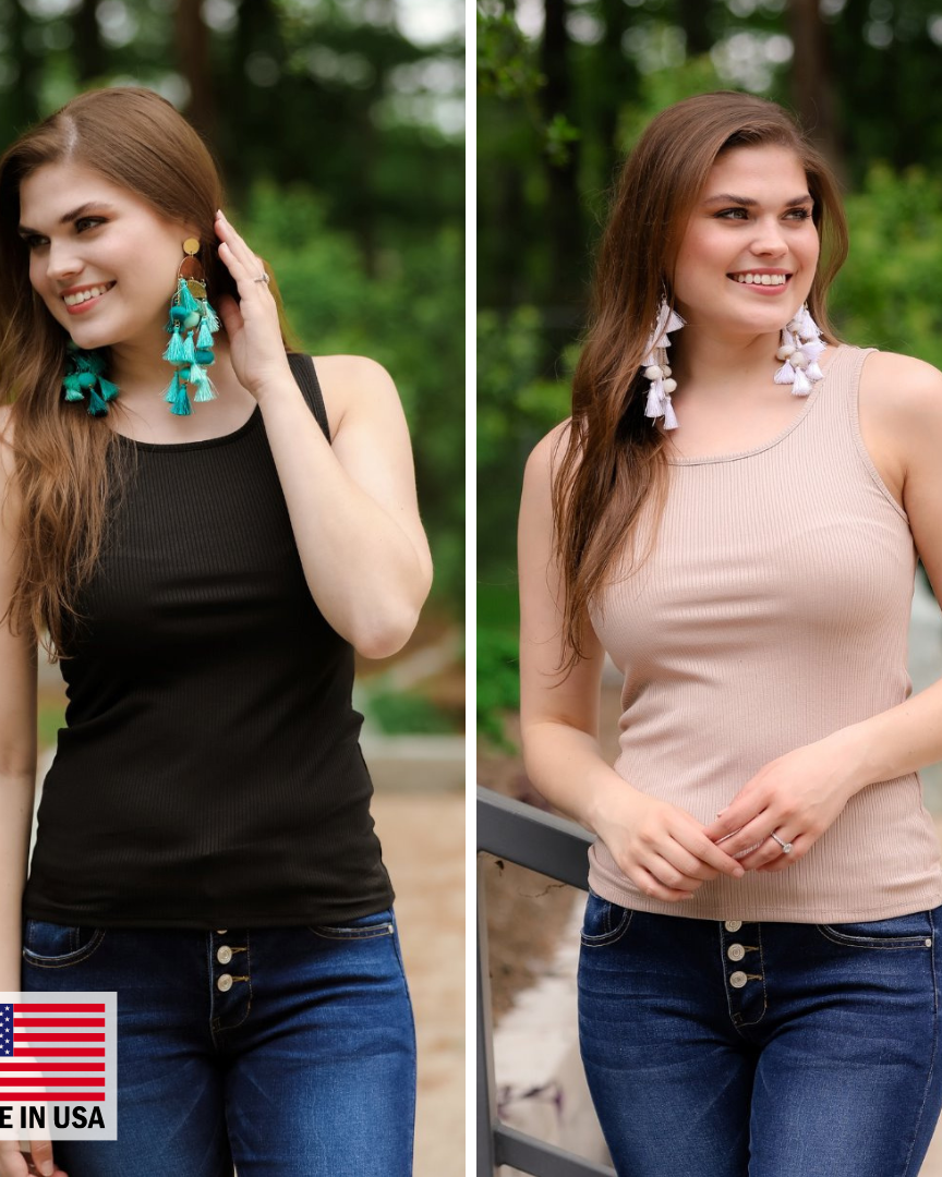 MADE IN USA sleeveless tank top made of stretchy ribbed fabric in black and ivory