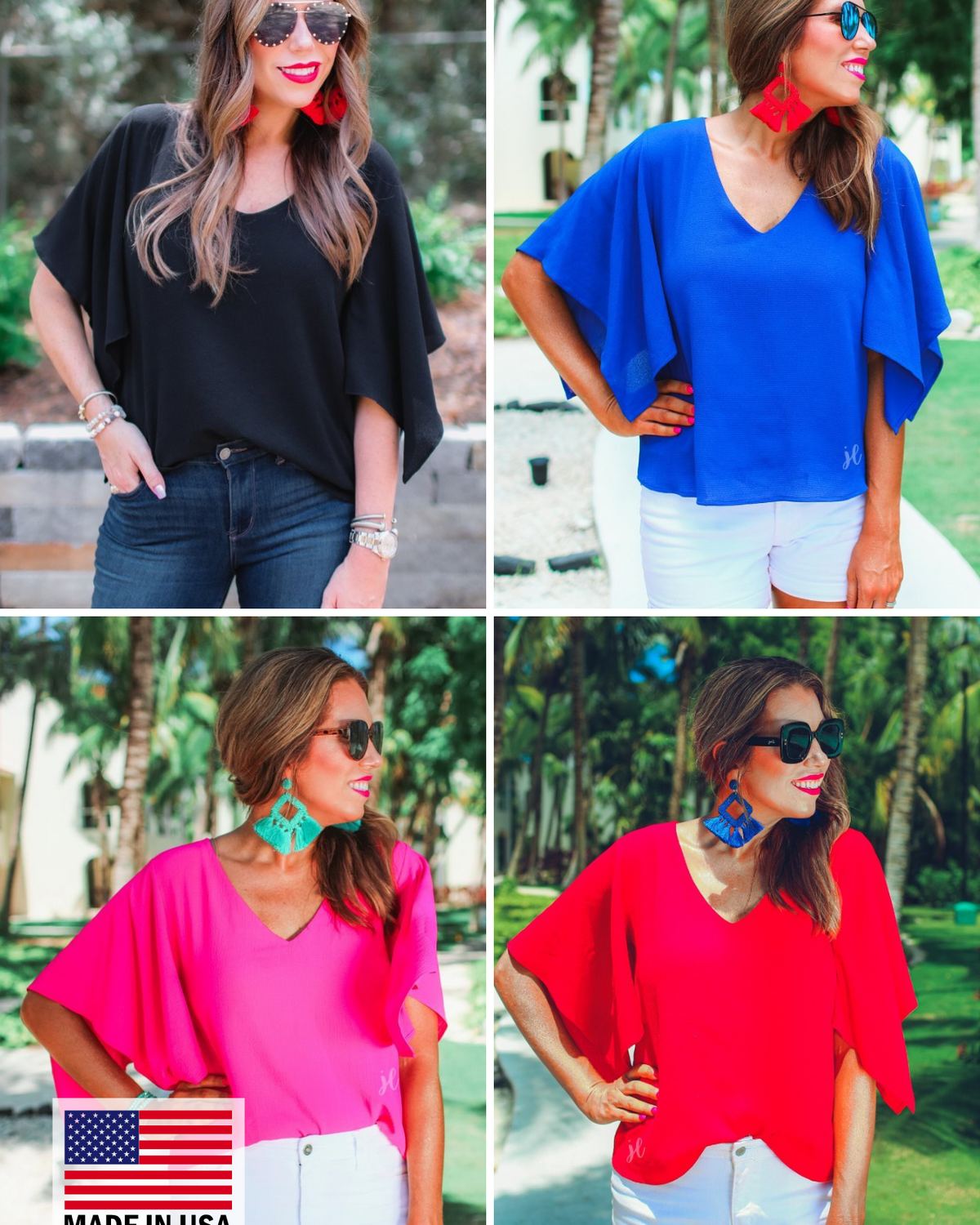 v-neck blouses crafted from lightweight textured fabric with asymmetrical half-flutter sleeves, front lining, and a relaxed fit in black, blue, pink, and red, accented by a MADE IN USA watermark in the bottom left-hand corner