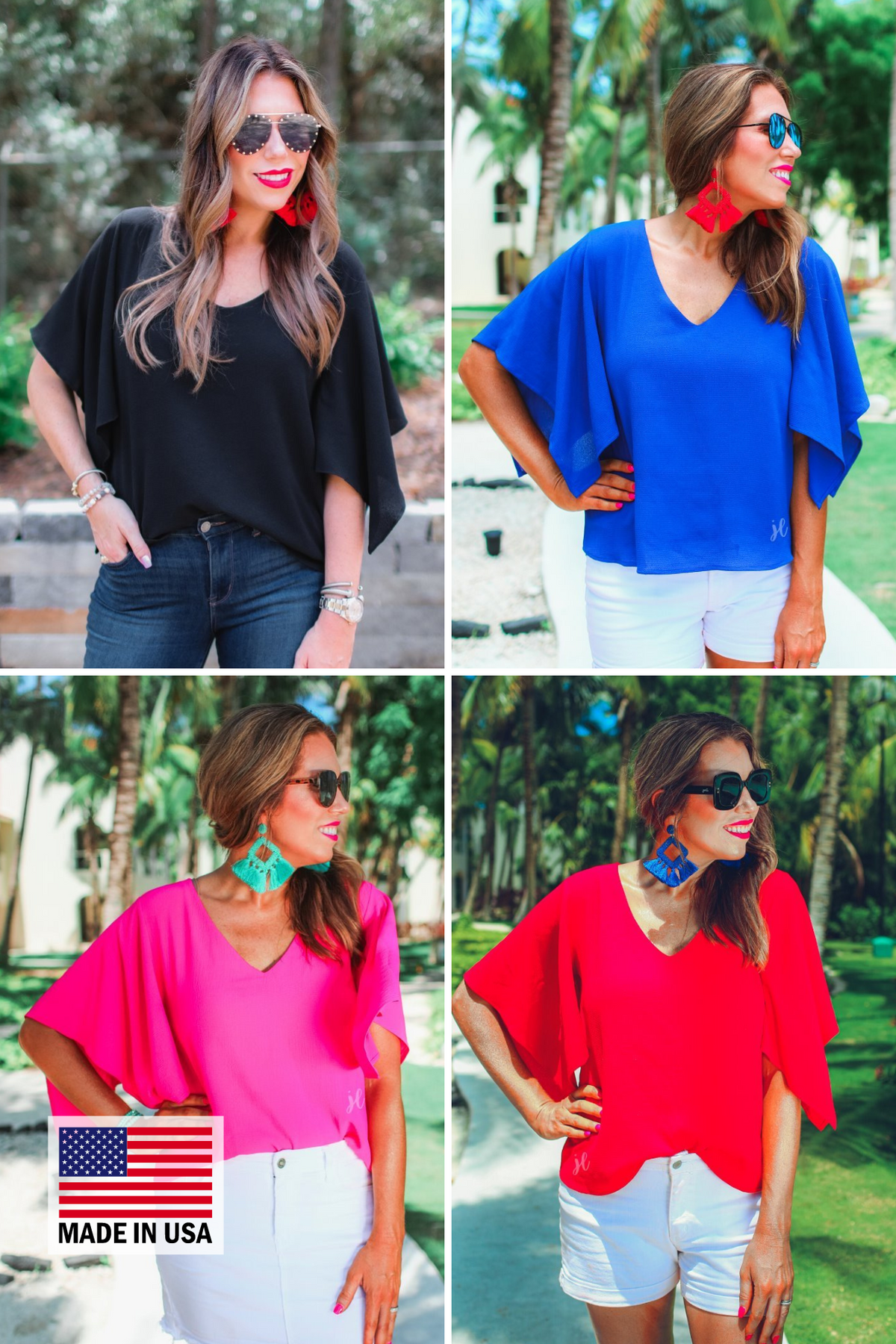 v-neck blouses crafted from lightweight textured fabric with asymmetrical half-flutter sleeves, front lining, and a relaxed fit in black, blue, pink, and red, accented by a MADE IN USA watermark in the bottom left-hand corner