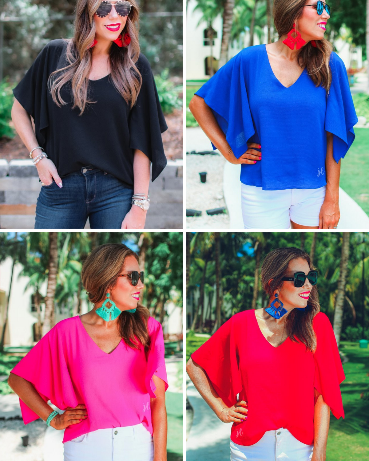 v-neck blouses crafted from lightweight textured fabric with asymmetrical half-flutter sleeves, front lining, and a relaxed fit in black, blue, pink, and red