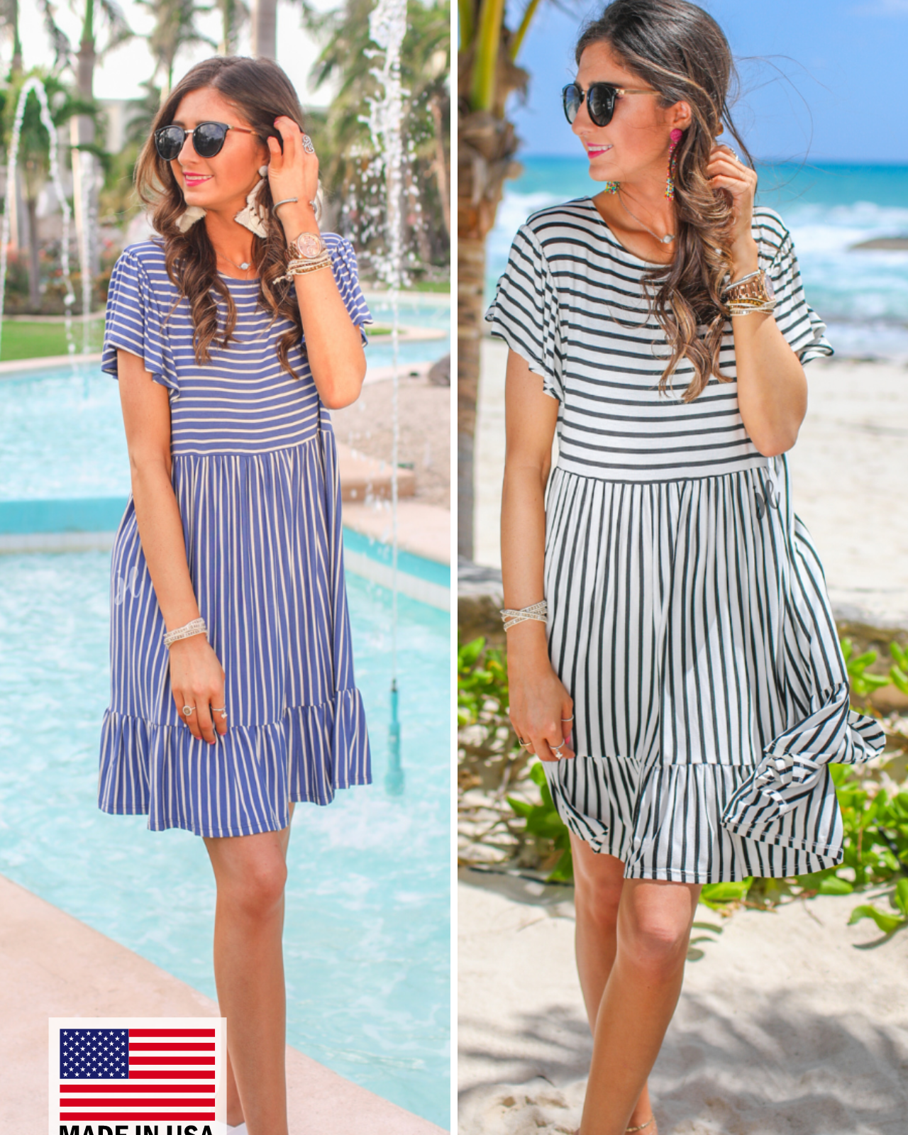 MADE IN USA short ruffled sleeves dress with a round neckline, material with a generous amount of stretch, a babydoll fit, and no lining in blue and ivory