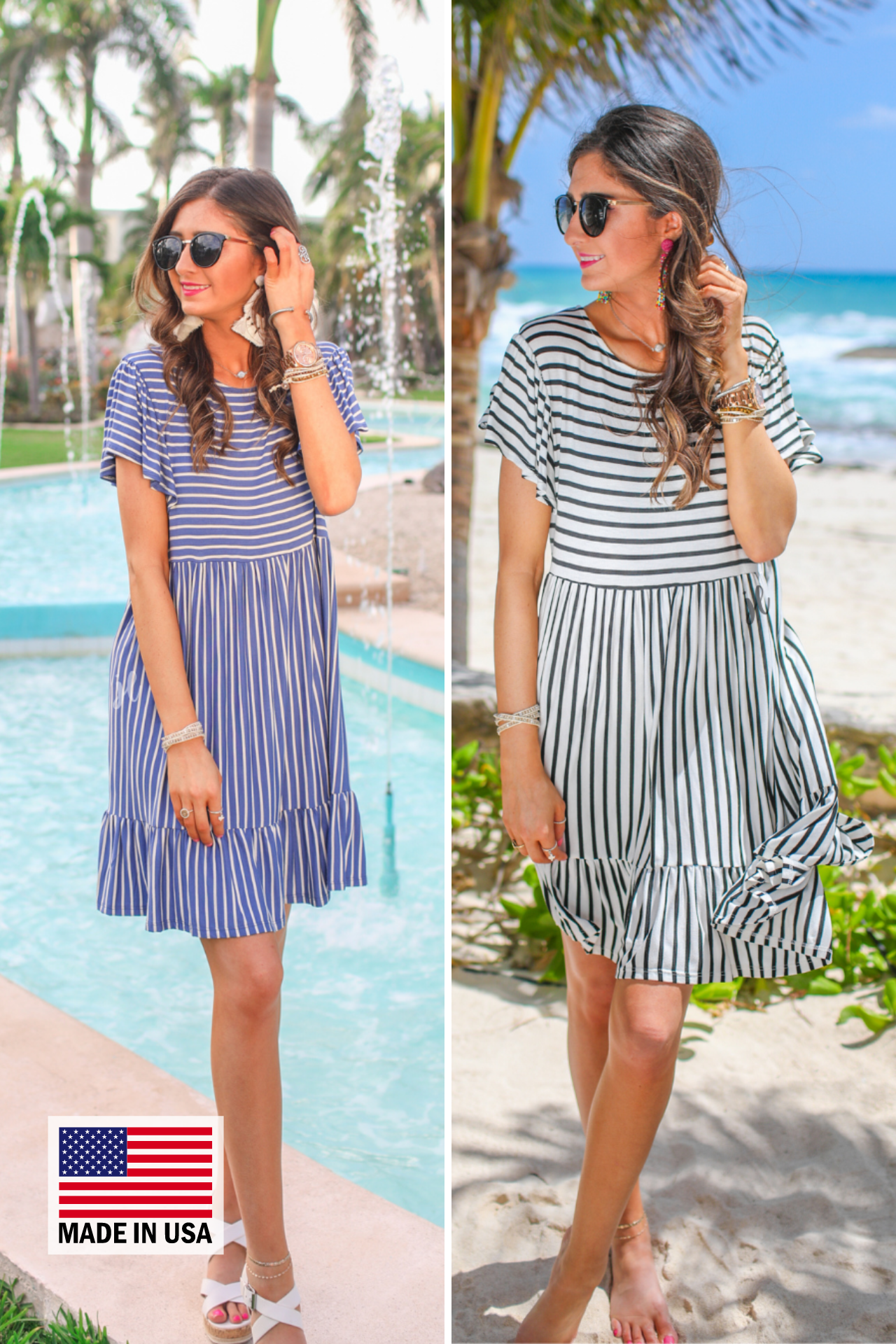 MADE IN USA short ruffled sleeves dress with a round neckline, material with a generous amount of stretch, a babydoll fit, and no lining in blue and ivory