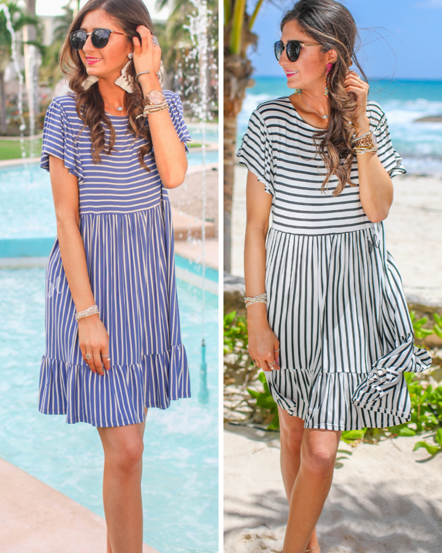 short ruffled sleeves dress with a round neckline, material with a generous amount of stretch, a babydoll fit, and no lining in blue and ivory