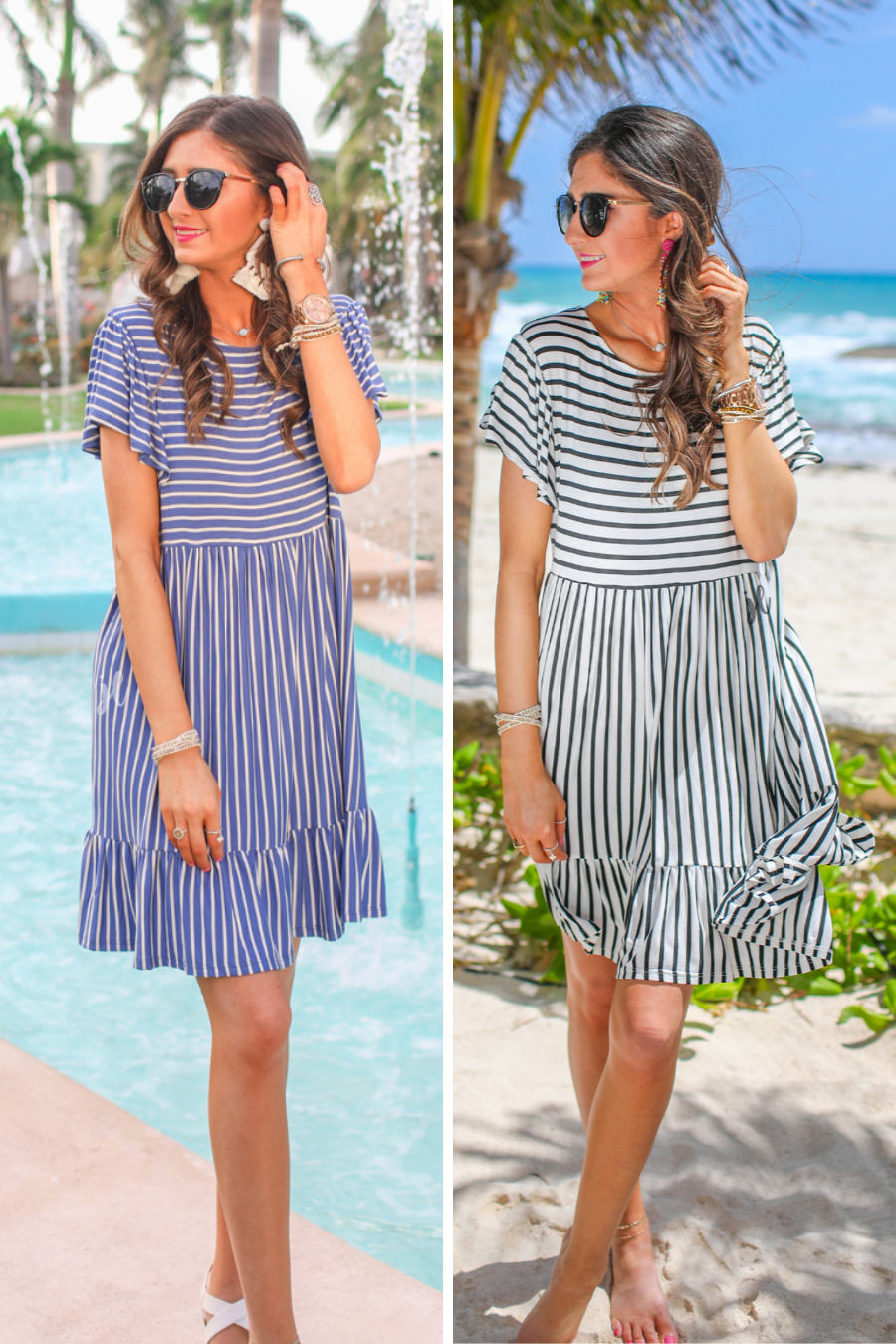 short ruffled sleeves dress with a round neckline, material with a generous amount of stretch, a babydoll fit, and no lining in blue and ivory