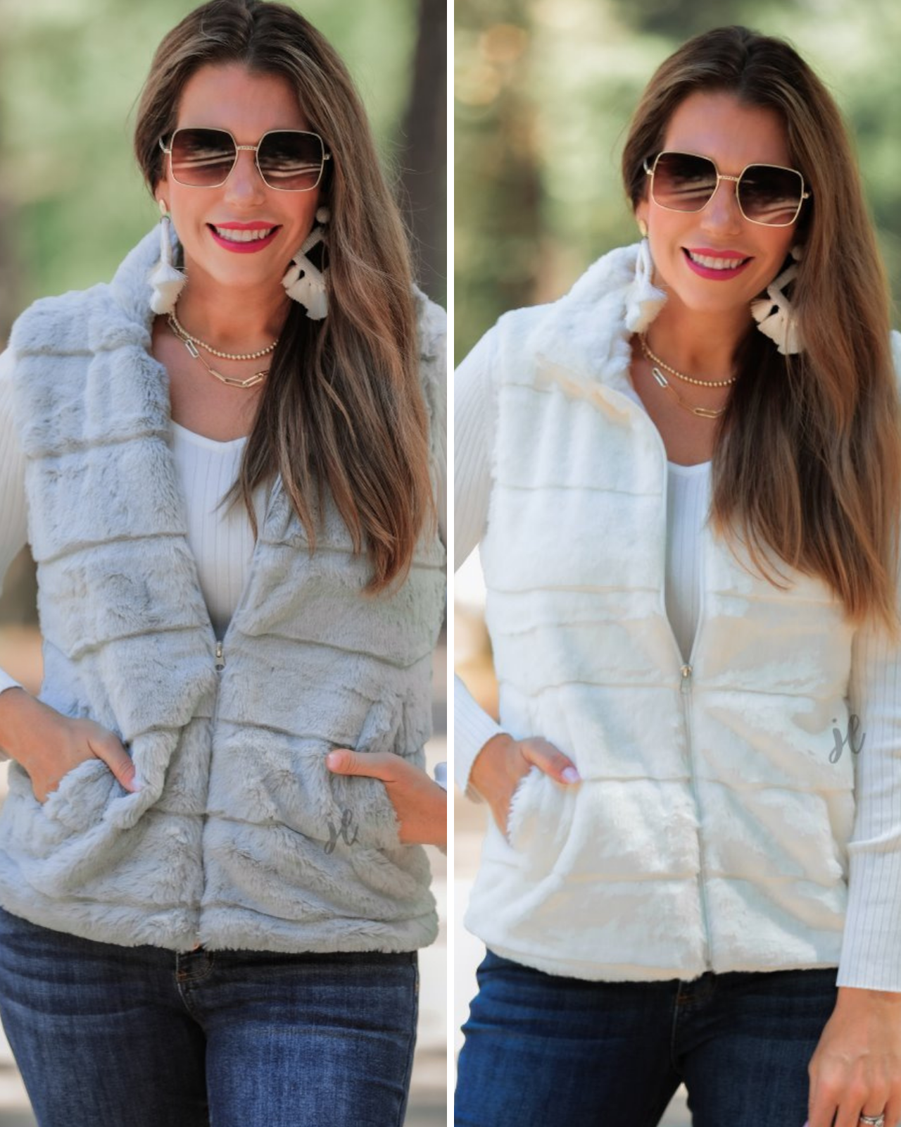 a sleeveless faux fur vest with a foldable collar, a front zip, sublte horizontal paneling, and front pockets made of super soft fabric that fits slightly oversized in grey and white