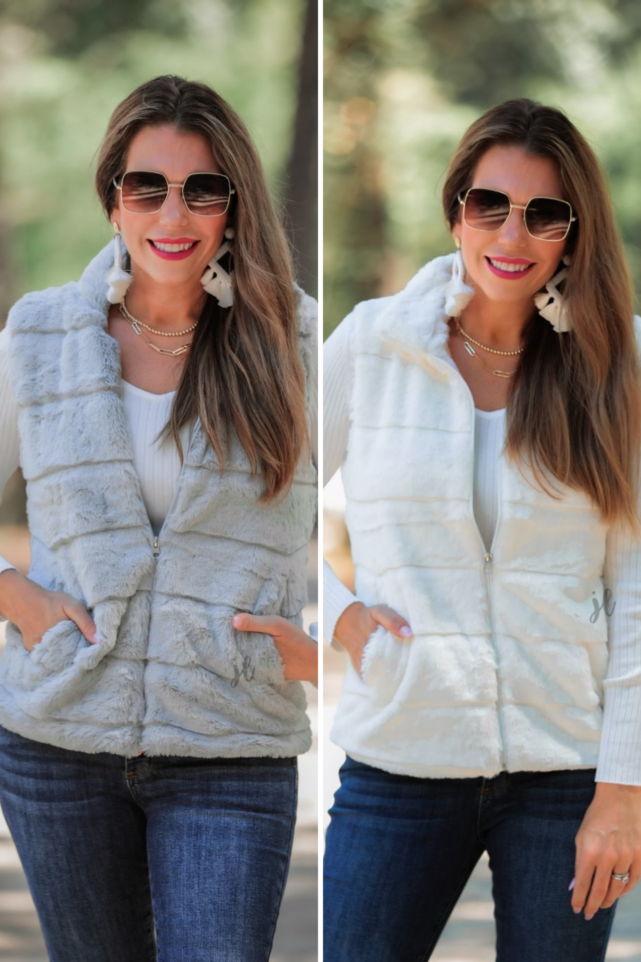 a sleeveless faux fur vest with a foldable collar, a front zip, sublte horizontal paneling, and front pockets made of super soft fabric that fits slightly oversized in grey and white