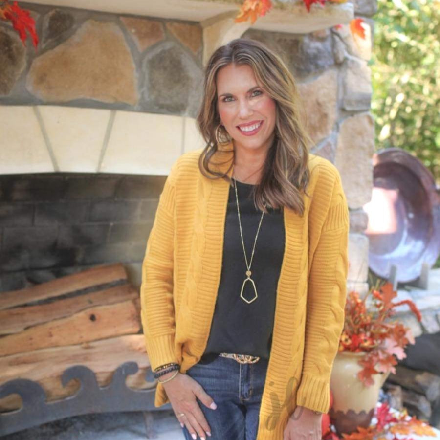 long-sleeve, open front cardigan crafted from cable knit textured fabric with a relaxed fit in mustard