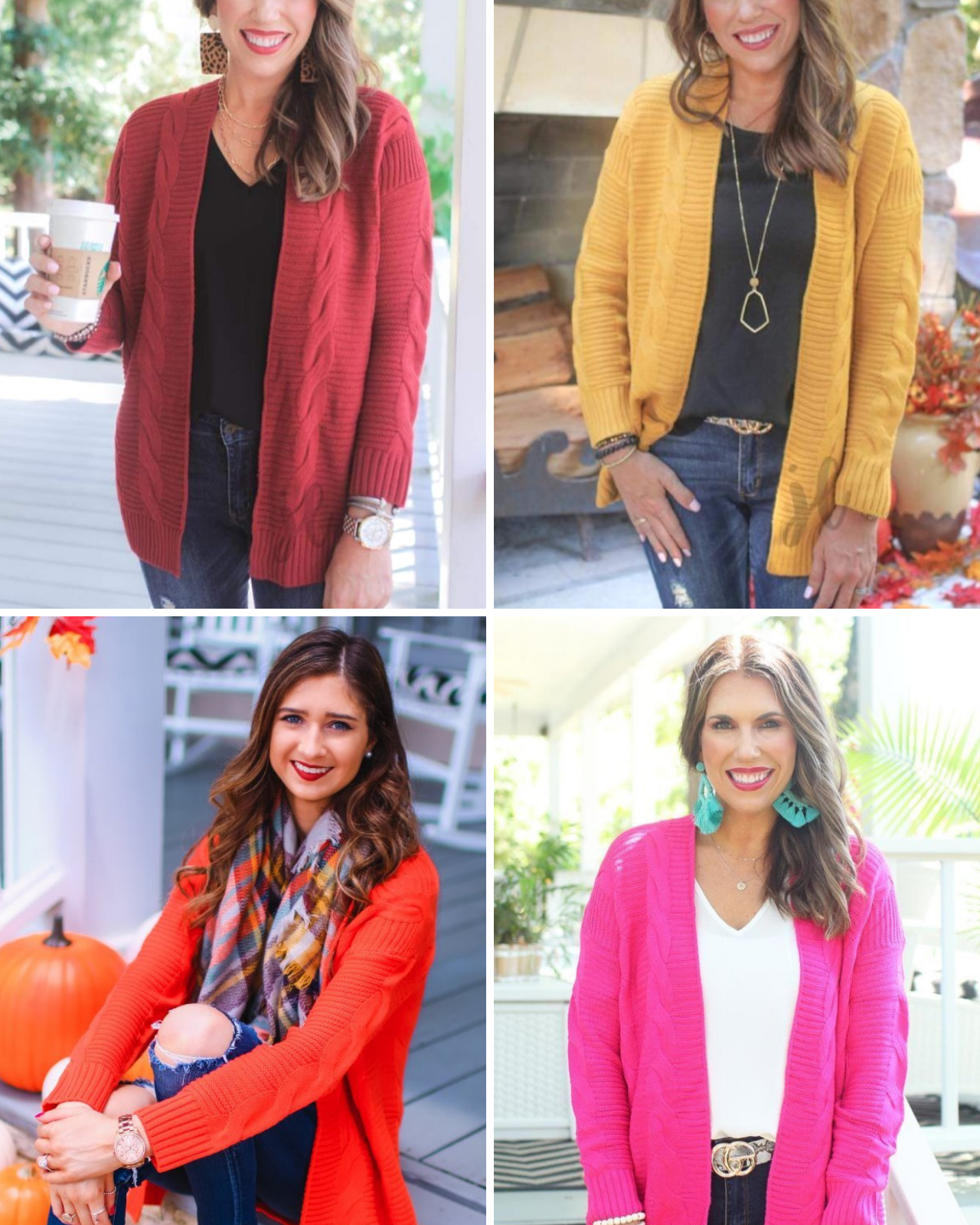 long-sleeve, open front cardigan crafted from cable knit textured fabric with a relaxed fit in cranberry, mustard, orange, and pink