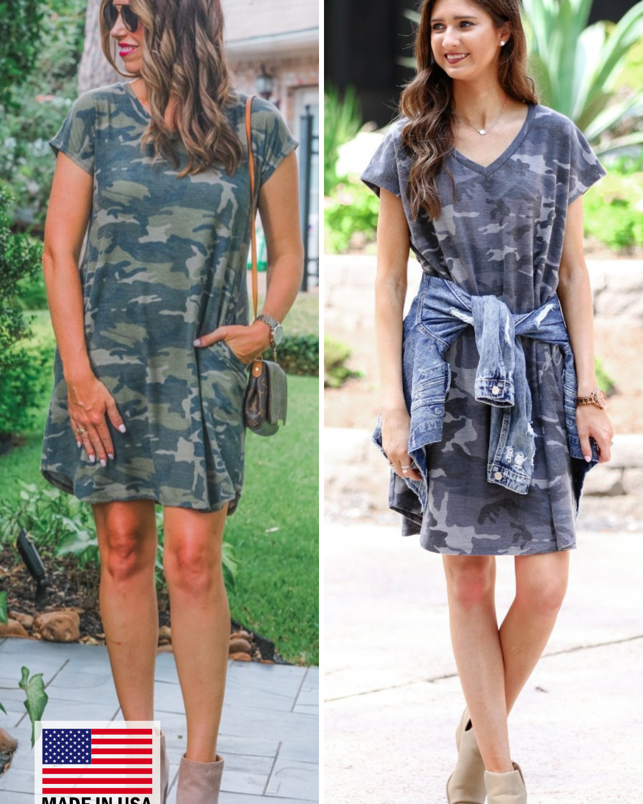 oversized A-line pocket dresses with a V-neckline, short sleeves, side pockets, a curved hem, and a terry cloth texture in green and grey with a MADE IN USA watermark in the bottom lefthand corner