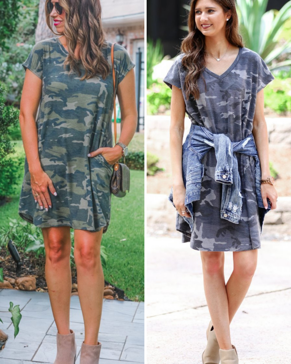 oversized A-line pocket dress with a V-neckline, short sleeves, side pockets, a curved hem, and a terry cloth texture in green and grey