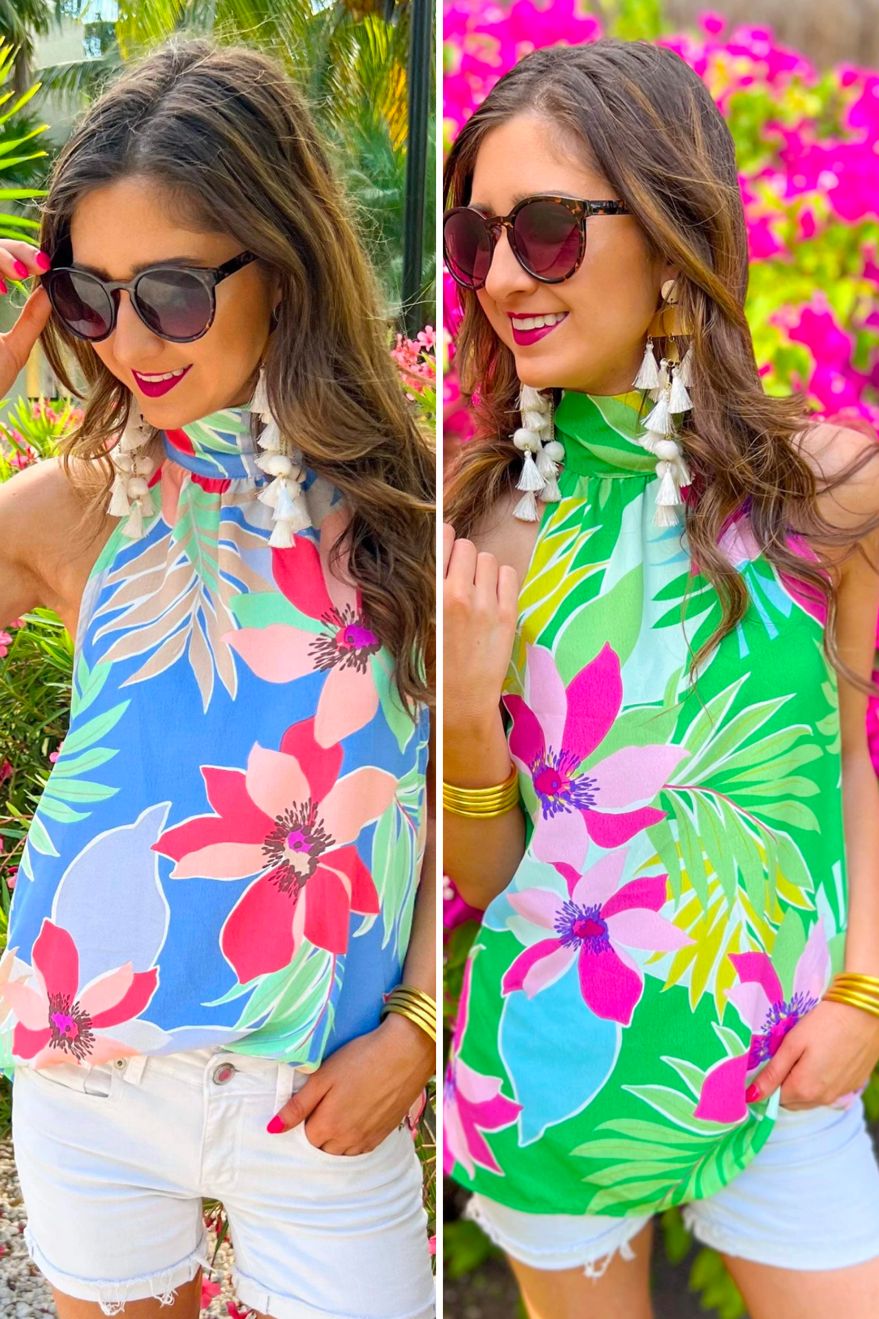 a bold tropical floral halter with an adjustable tie-back neckline, airy draped silhouette, and lightweight woven fabric with no stretch in blue and green