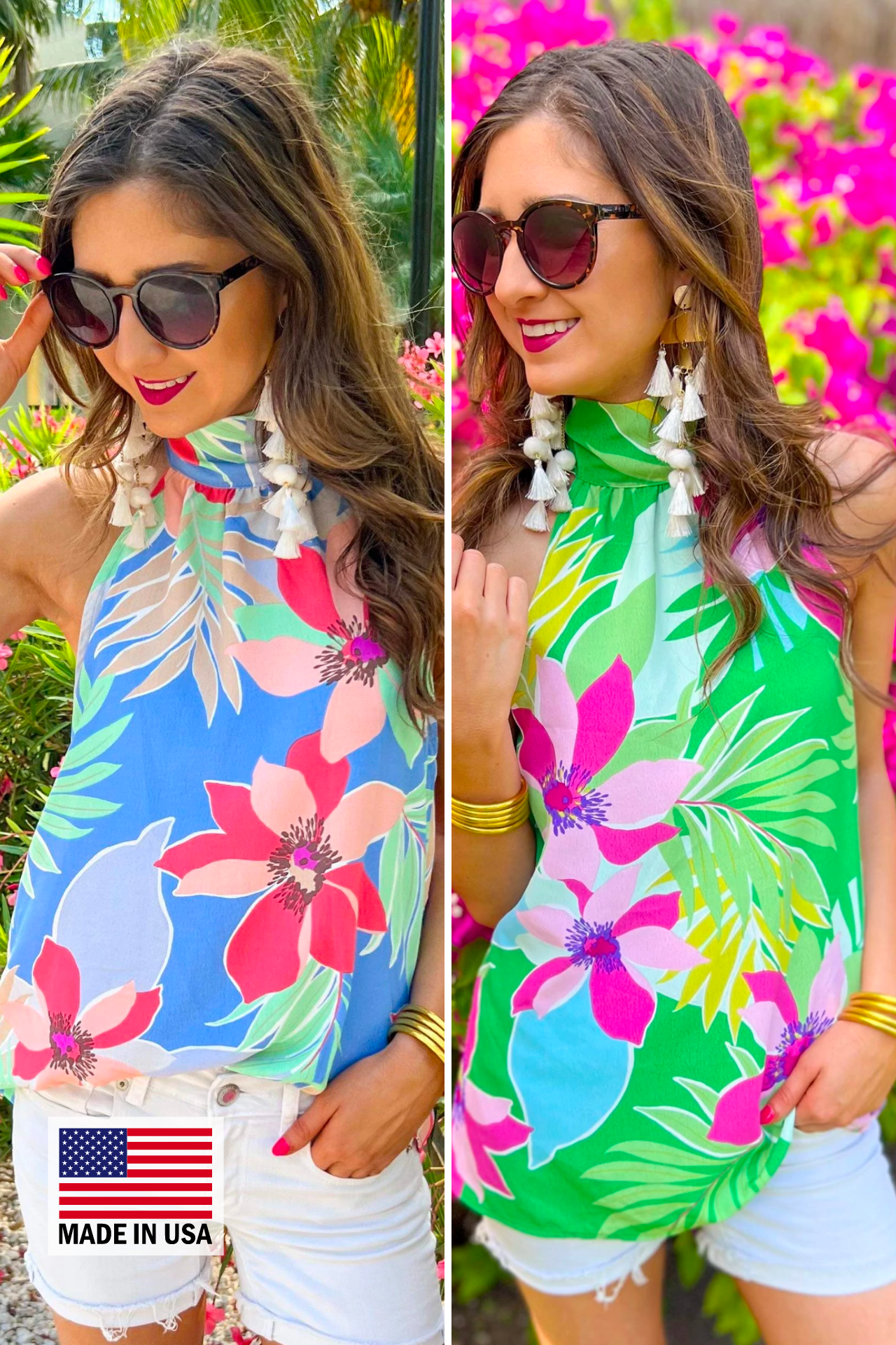 a bold tropical floral halter with an adjustable tie-back neckline, airy draped silhouette, and lightweight woven fabric with no stretch in blue and green with a MADE IN USA watermark in bottom left-hand corner