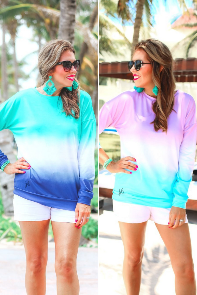 a relaxed fit, a trendy color gradient ombre design, and ribbed neckline, cuffs, and hem