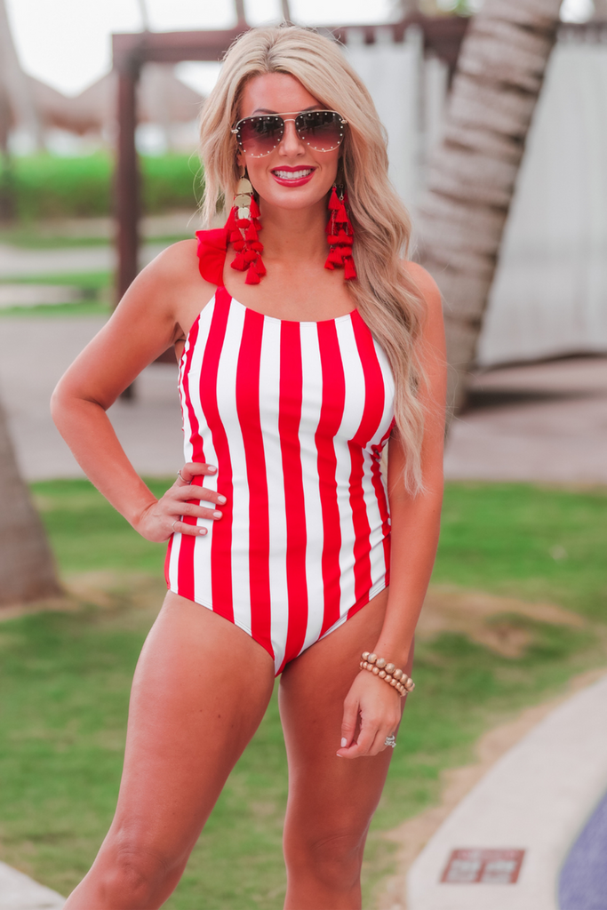 Adult Set Sail Striped Swimsuit RED (Brooke)
