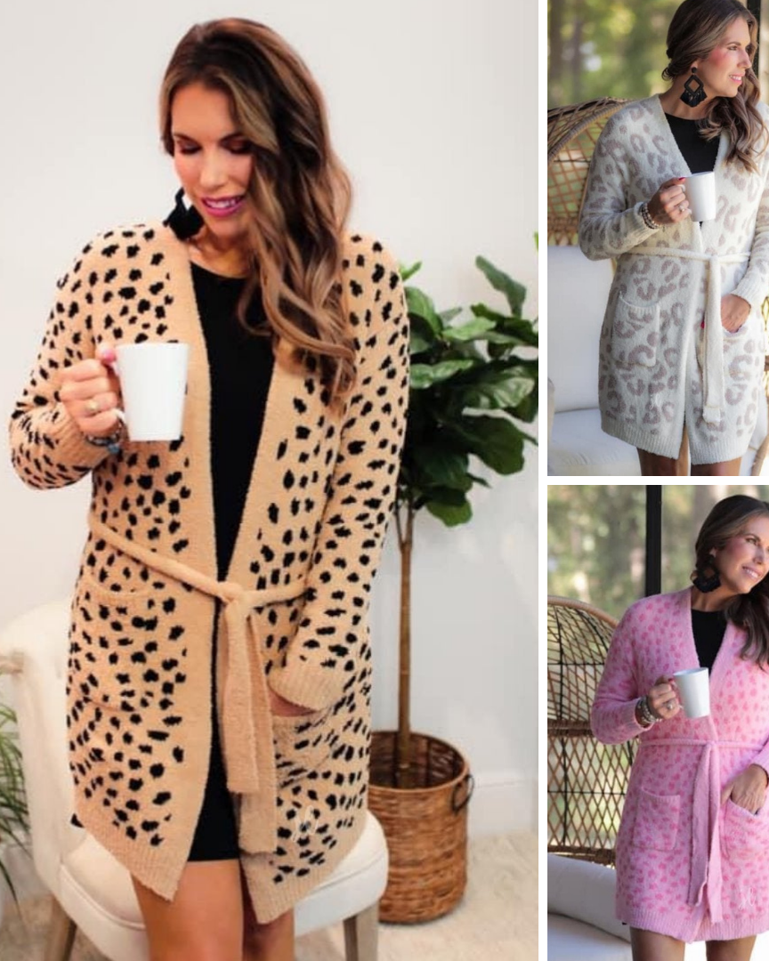 long sleeve wrap robe patterned with animal print, a straight mid-thigh length hemline, and a relaxed open front silhouette with a belt closure made of super soft material in brown spotted (left), ivory leopard (top right), and pink leopard (bottom right)