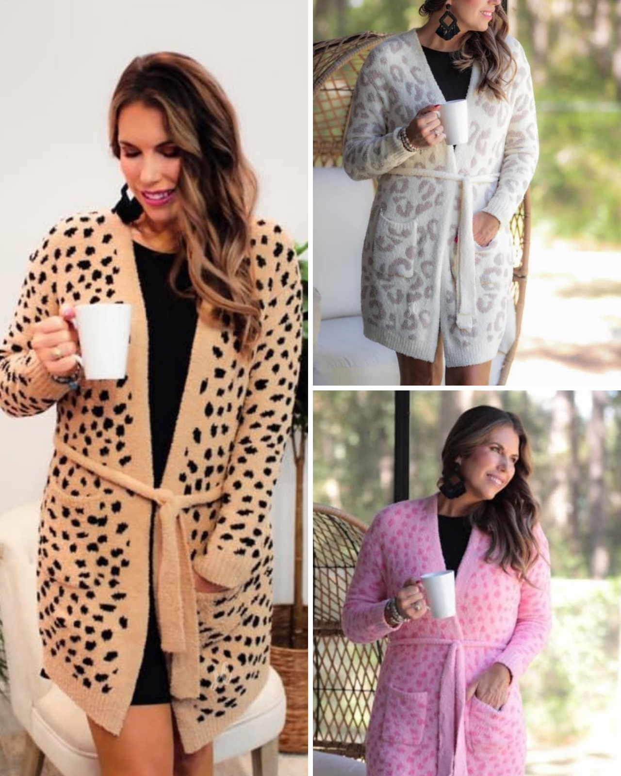 long sleeve wrap robe patterned with animal print, a straight mid-thigh length hemline, and a relaxed open front silhouette with a belt closure made of super soft material brown spotted (left), ivory leopard (top right), and pink leopard (bottom right)