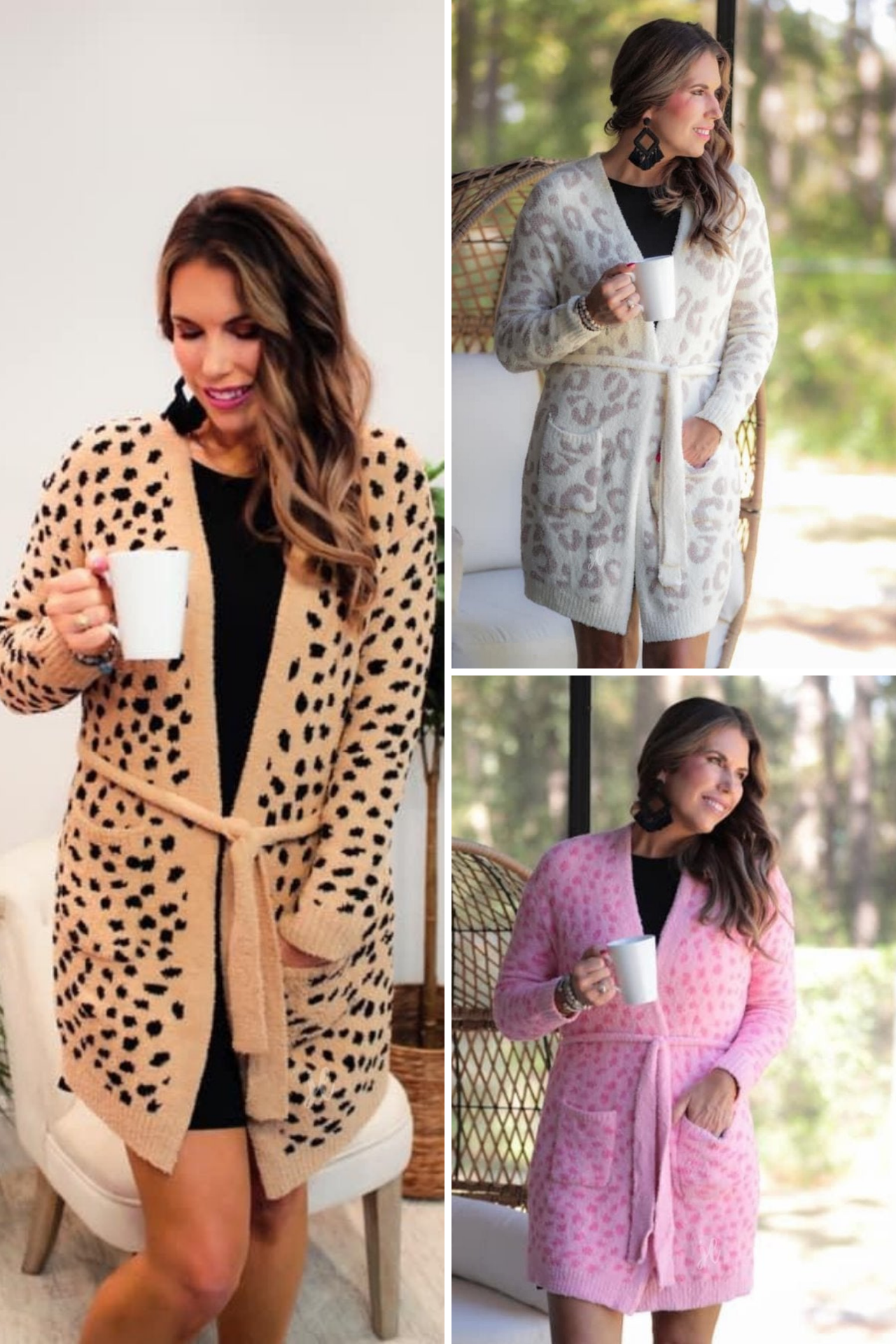 long sleeve wrap robe patterned with animal print, a straight mid-thigh length hemline, and a relaxed open front silhouette with a belt closure made of super soft material brown spotted (left), ivory leopard (top right), and pink leopard (bottom right)