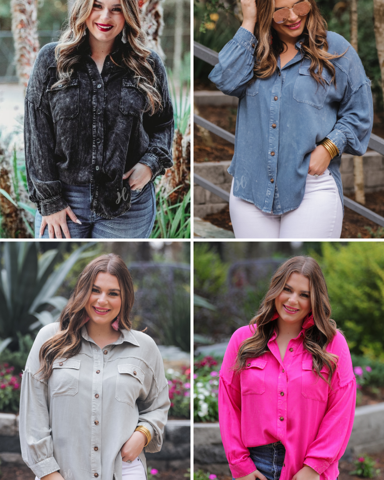 loose long-sleeve top made of soft lightweight material with a button up front, a collared neckline, button closure cuffs, two oversized accent chest pockets, and a slouched silhouette that falls into a rounded hemline with an oversized fit on an acid-washed colored fabric in black, chambray, grey, and hot pink
