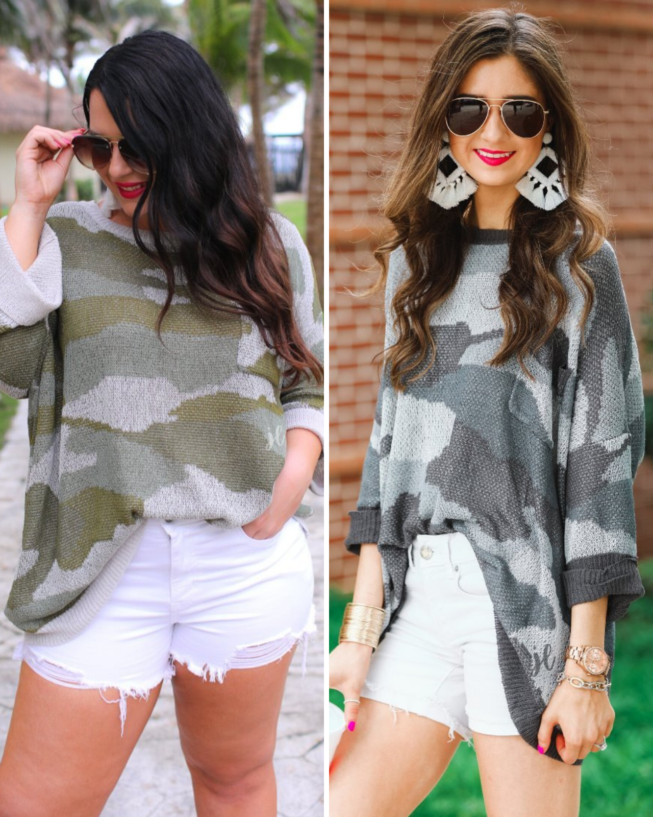 three-quarter cuffed sleeve unlined sweater crafted from a loose knit material with an oversized fit, a rounded neckline, a chest pocket, and trim on the collar, hem, and pocket on a camouflage pattern and solid base in green and grey