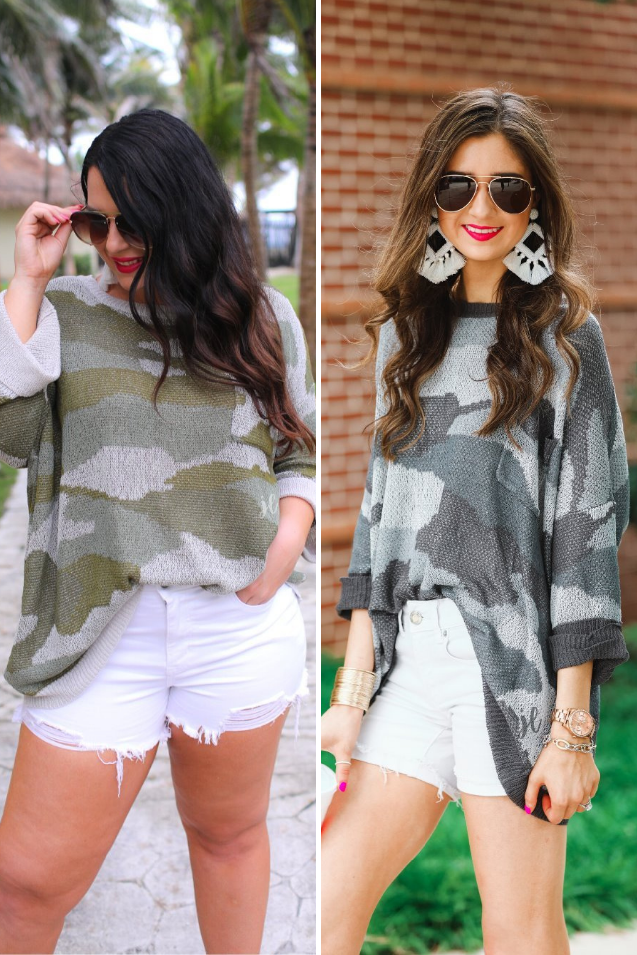 three-quarter cuffed sleeve unlined sweater crafted from a loose knit material with an oversized fit, a rounded neckline, a chest pocket, and trim on the collar, hem, and pocket on a camouflage pattern and solid base in green and grey