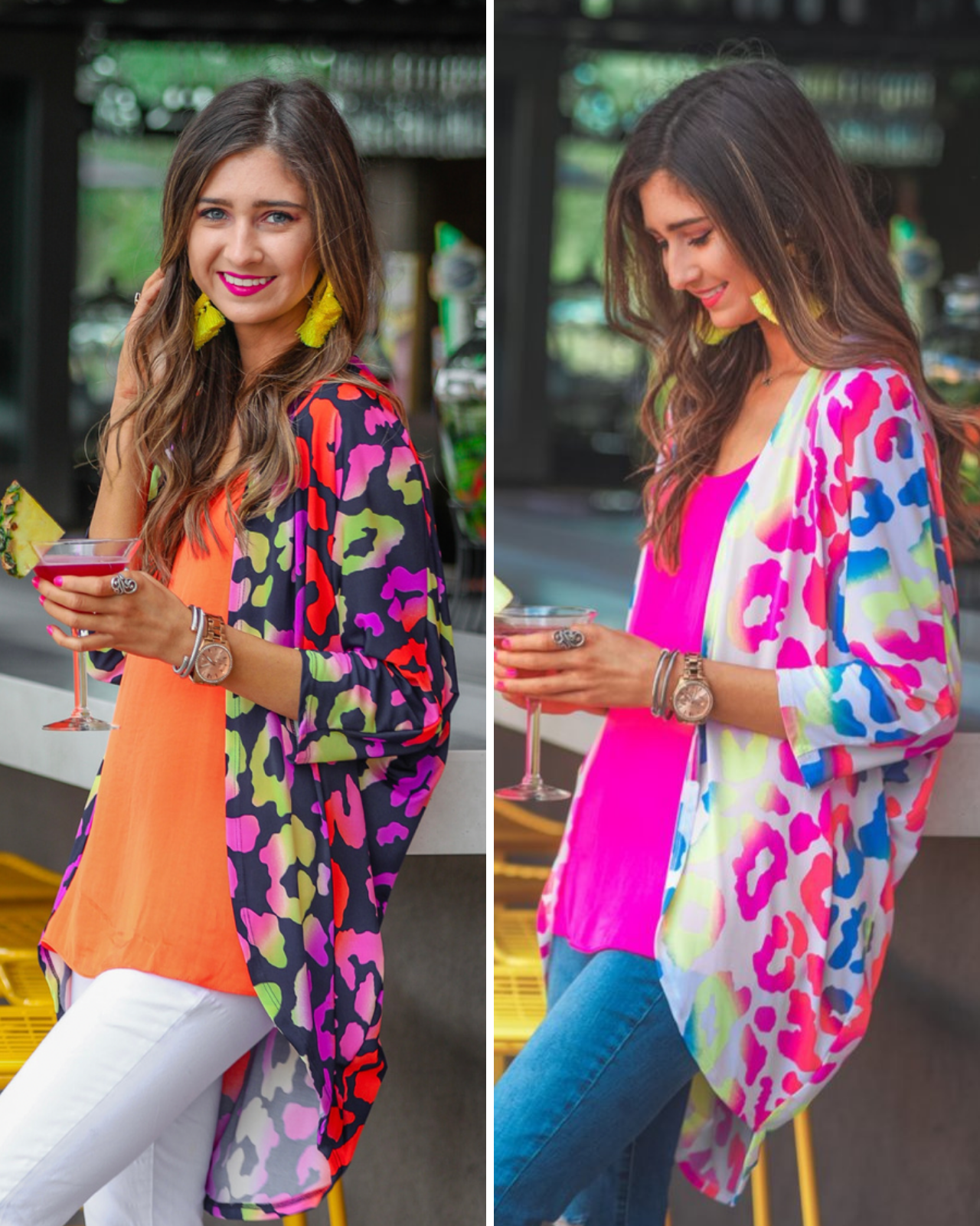 three-quarter sleeve open front cardigan made of lightweight material that drapes into a cocoon shape on a vibrant leopard print pattern fabric in navy and white