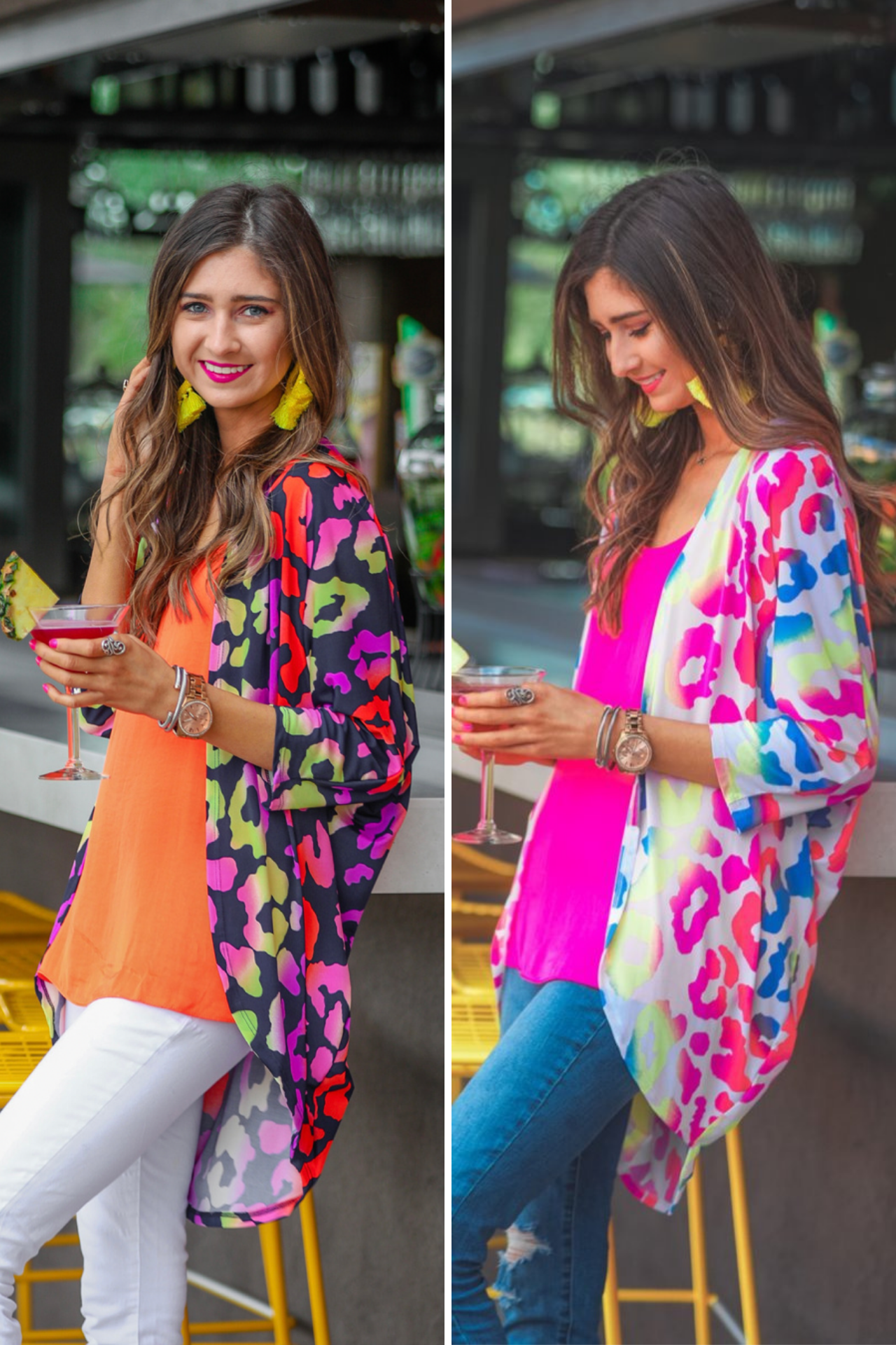 three-quarter sleeve open front cardigan made of lightweight material that drapes into a cocoon shape on a vibrant leopard print pattern fabric in navy and white