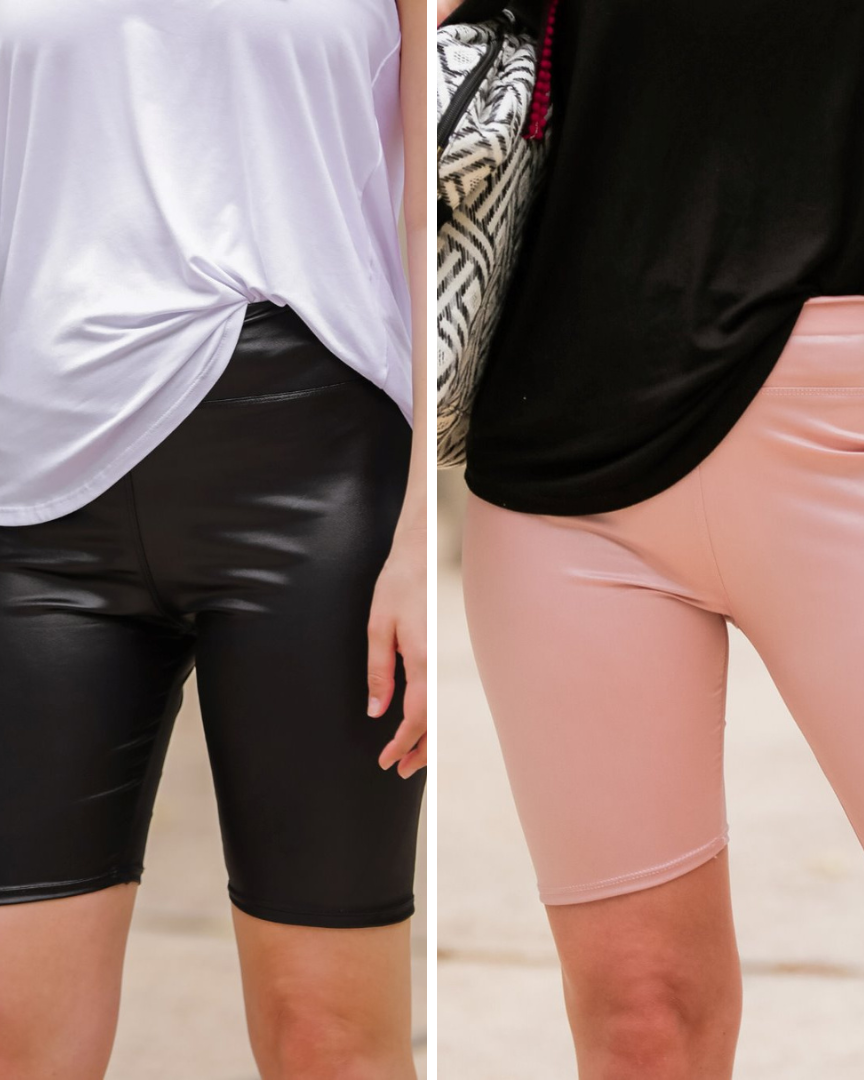 lightweight high-rise biker shorts crafted from buttery soft faux leather with an elastic waistband for tummy control and a flattering figure-hugging short silhouette in black and mauve