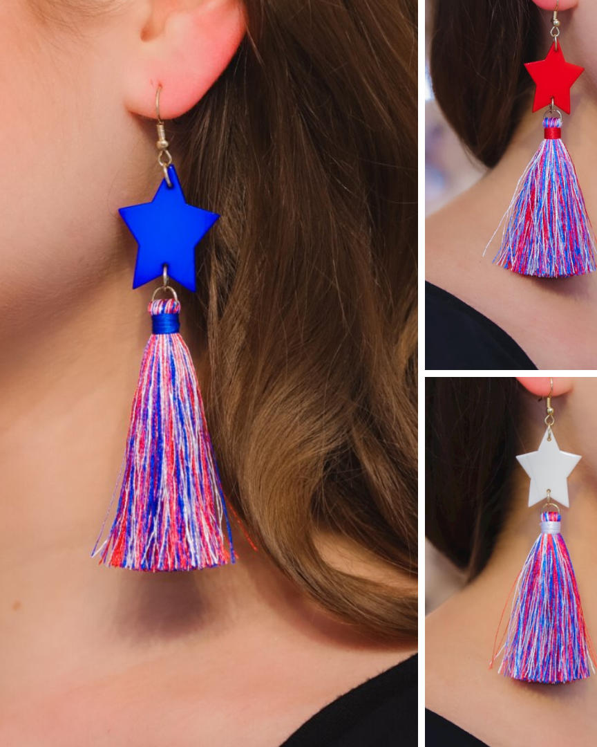 ultra-lightweight hook-style drop earring with a star topper (red, white, and blue) cascading down into a soft red, white, and blue tassel mix and gold accent