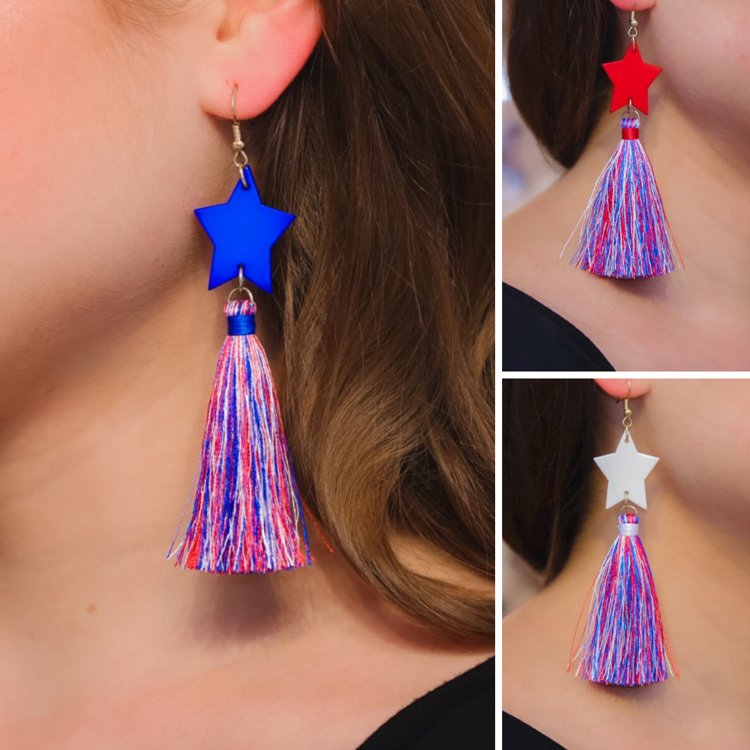 ultra-lightweight hook-style drop earring with a star topper (red, white, and blue) cascading down into a soft red, white, and blue tassel mix and gold accent