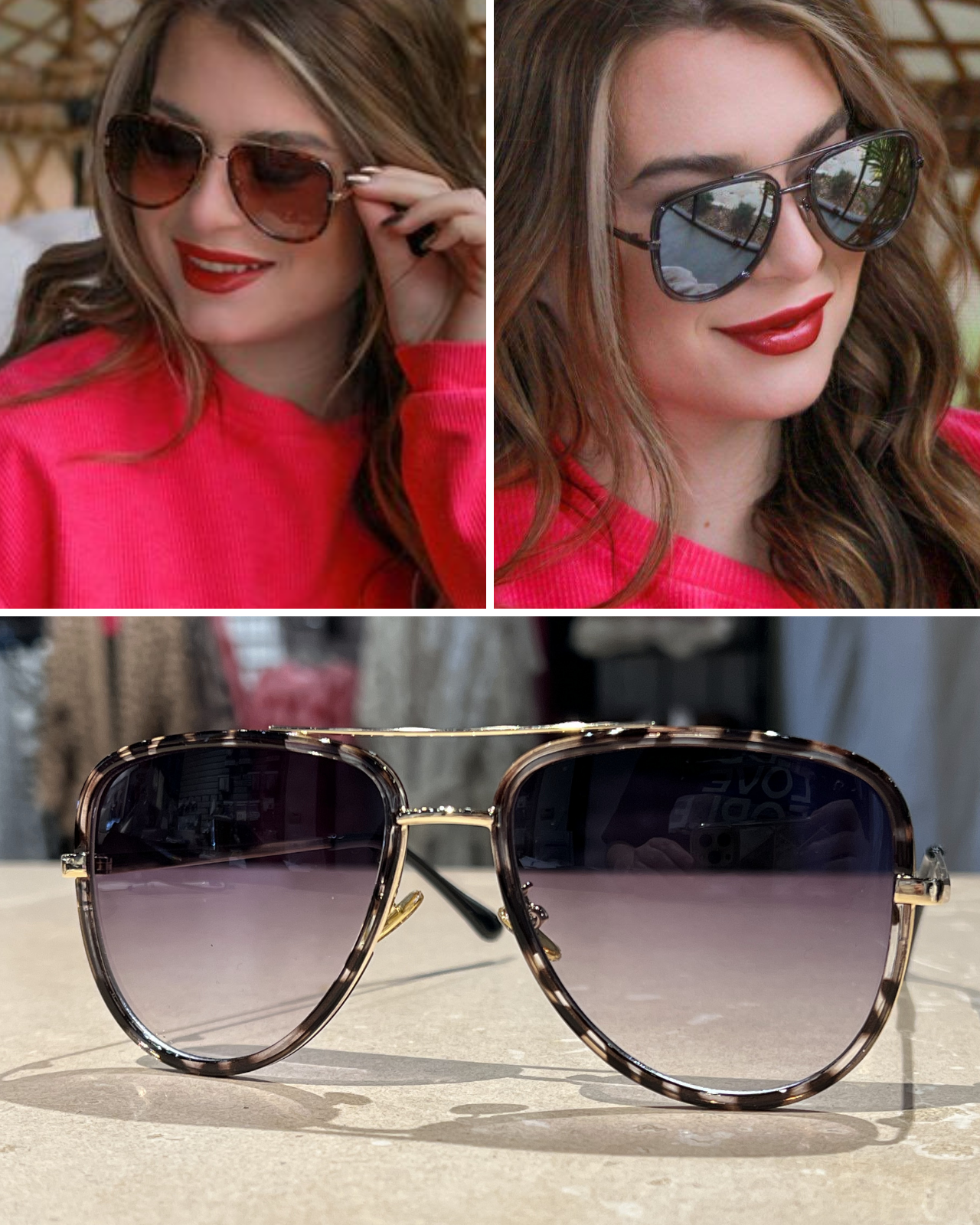 brown, grey, and silver aviator sunglasses with thin round wireframes, tinted lenses, UV protection, and brand name detail (on both the temple and the complimentary black pouch)