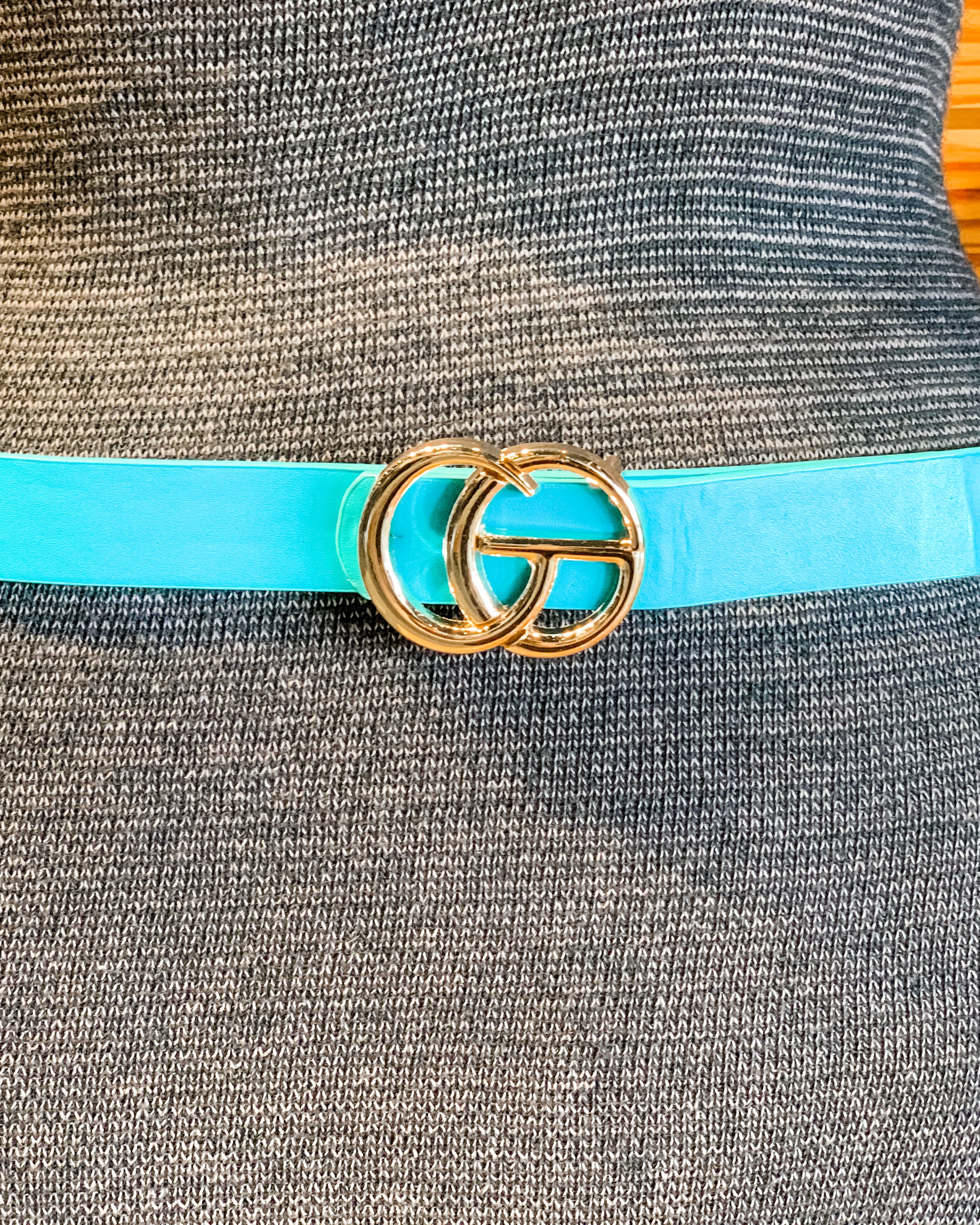 double metal ring faux leather buckle belt in turquoise