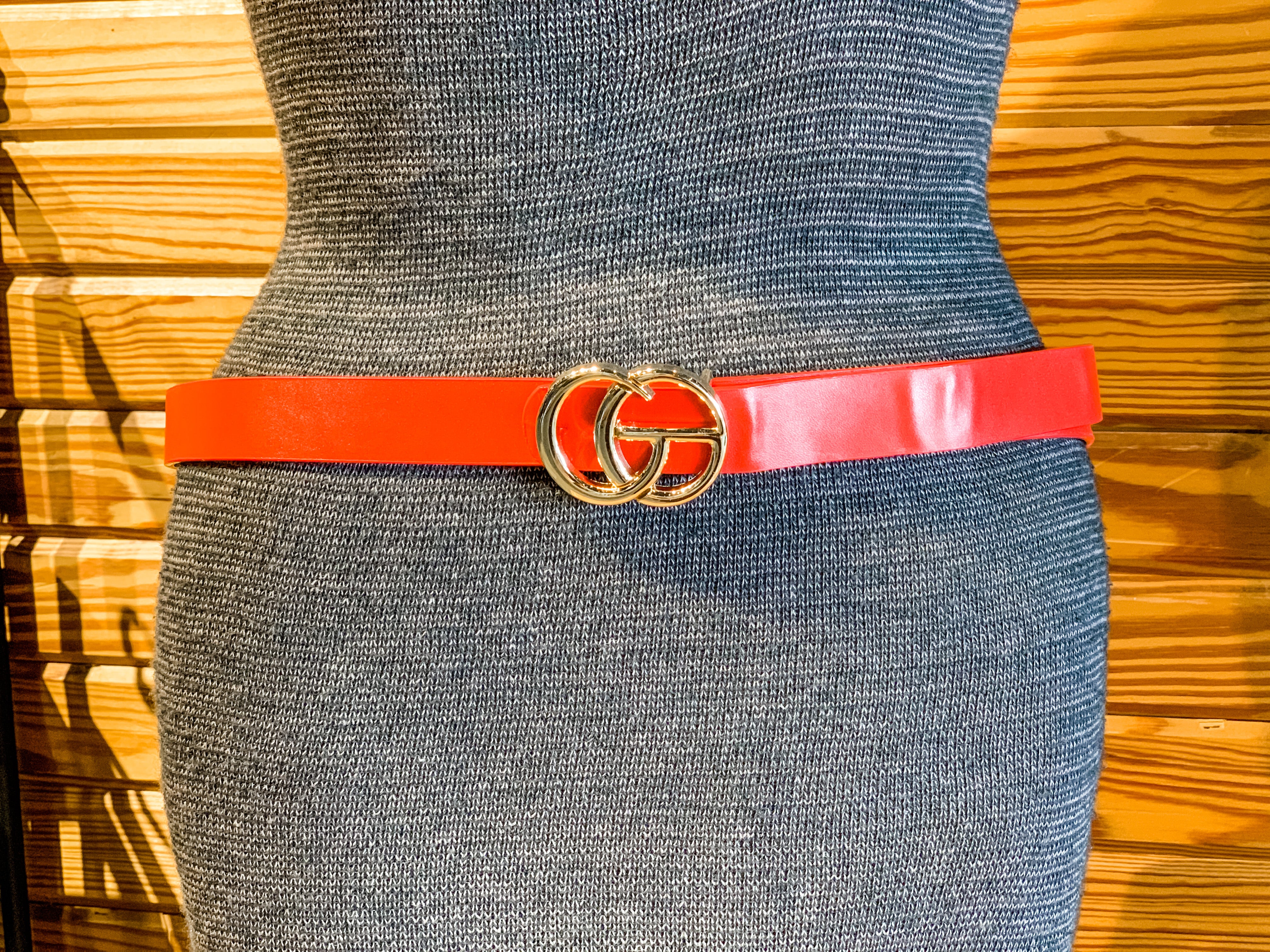 double metal ring faux leather buckle belt in red