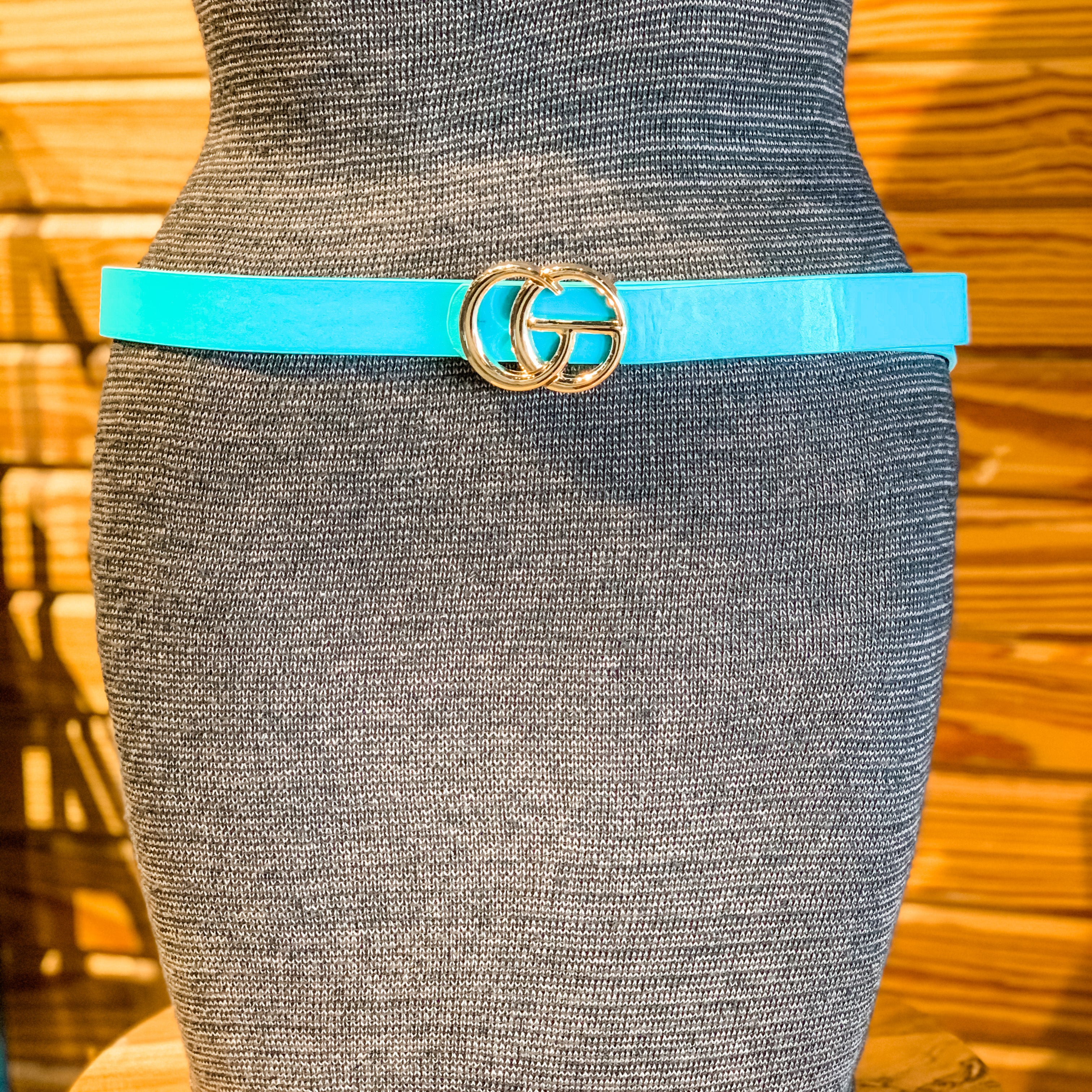 double metal ring faux leather buckle belt in turquoise