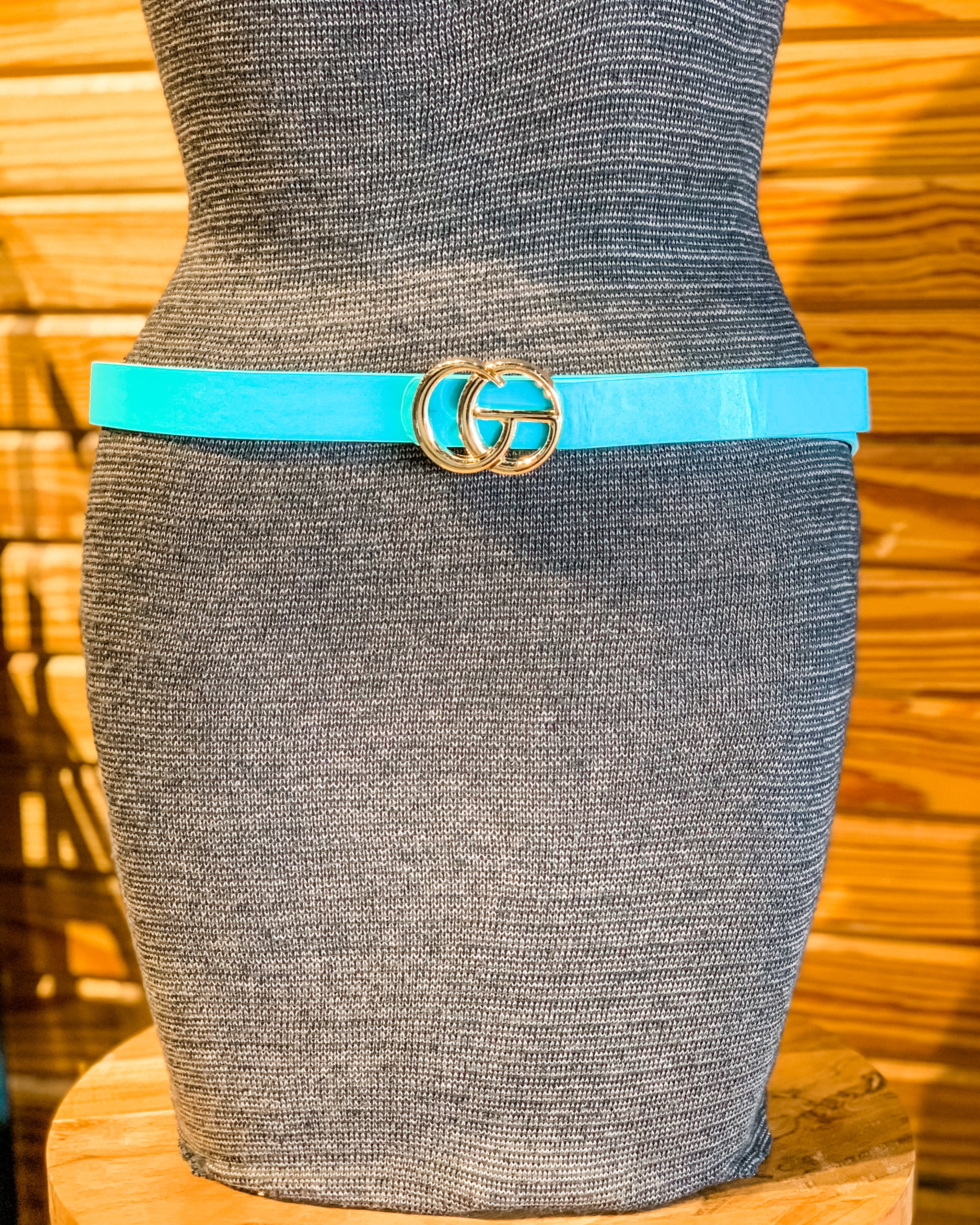 double metal ring faux leather buckle belt in turquoise