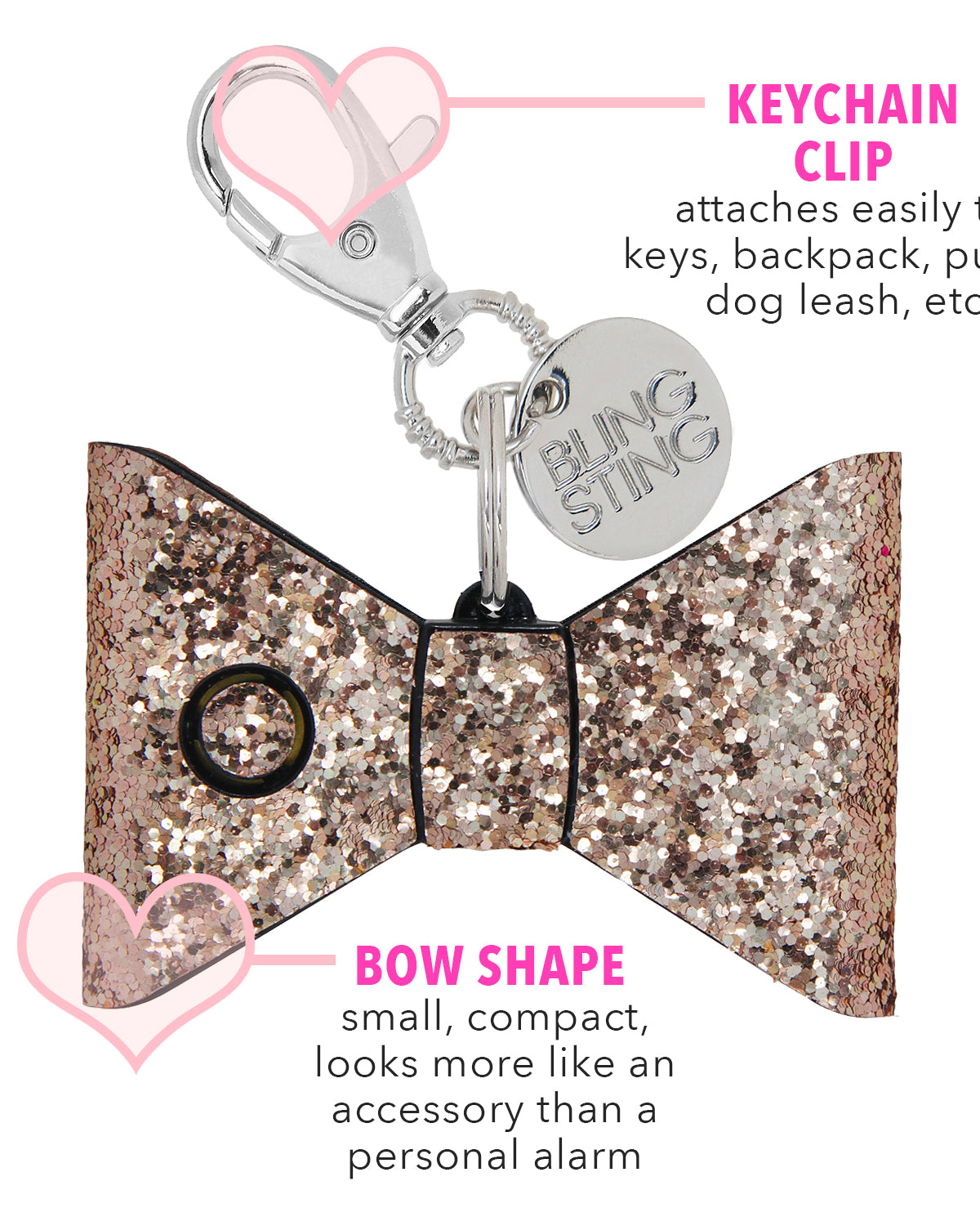 small compact personal safety alarm in a glittery bow shape with a keychain clip, an oversized lobster clip, a pink trigger button, and an LED safety light button operating on a 12-volt A23 battery available in rose gold