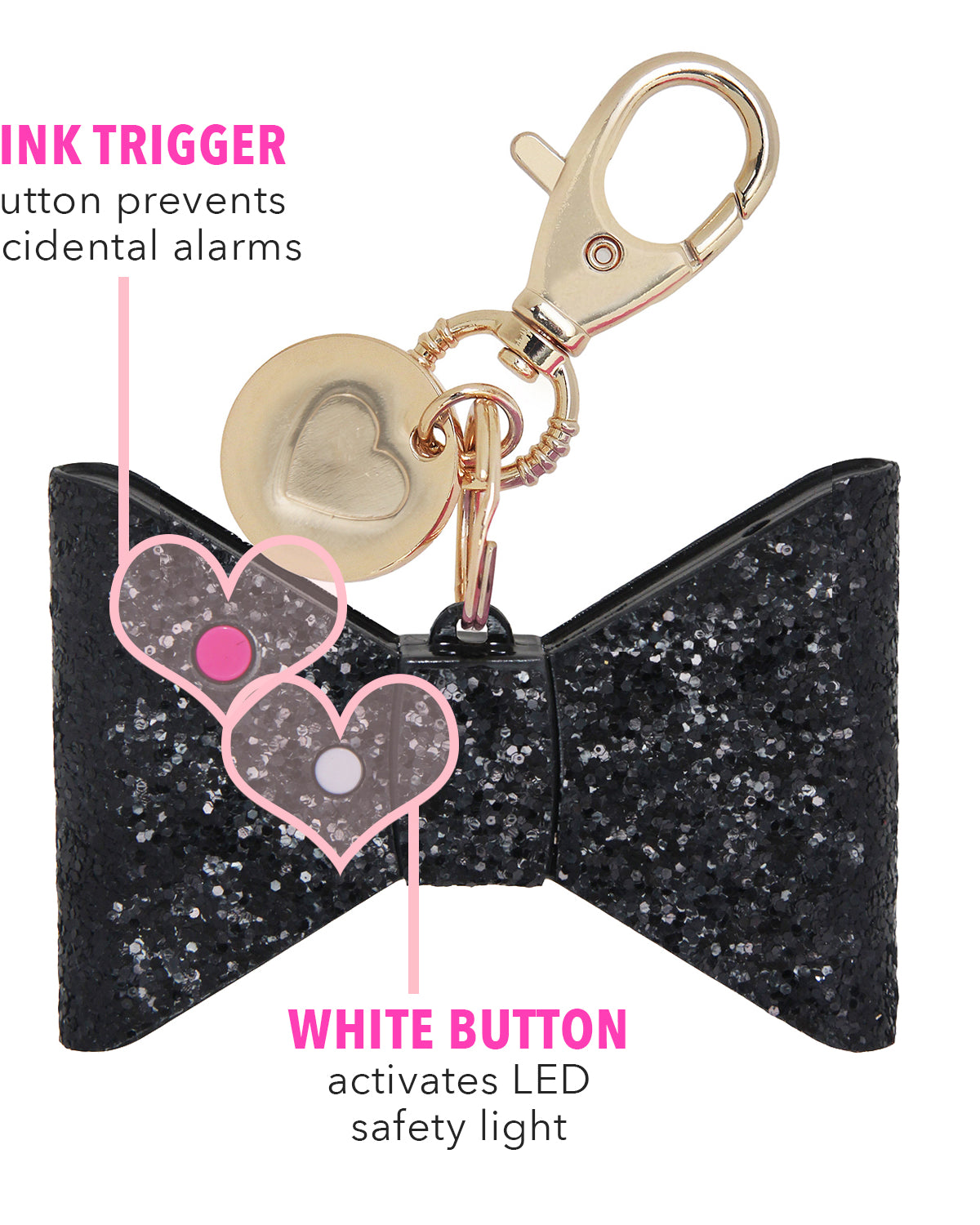 small compact personal safety alarm in a glittery bow shape with a keychain clip, an oversized lobster clip, a pink trigger button, and an LED safety light button operating on a 12-volt A23 battery available in black