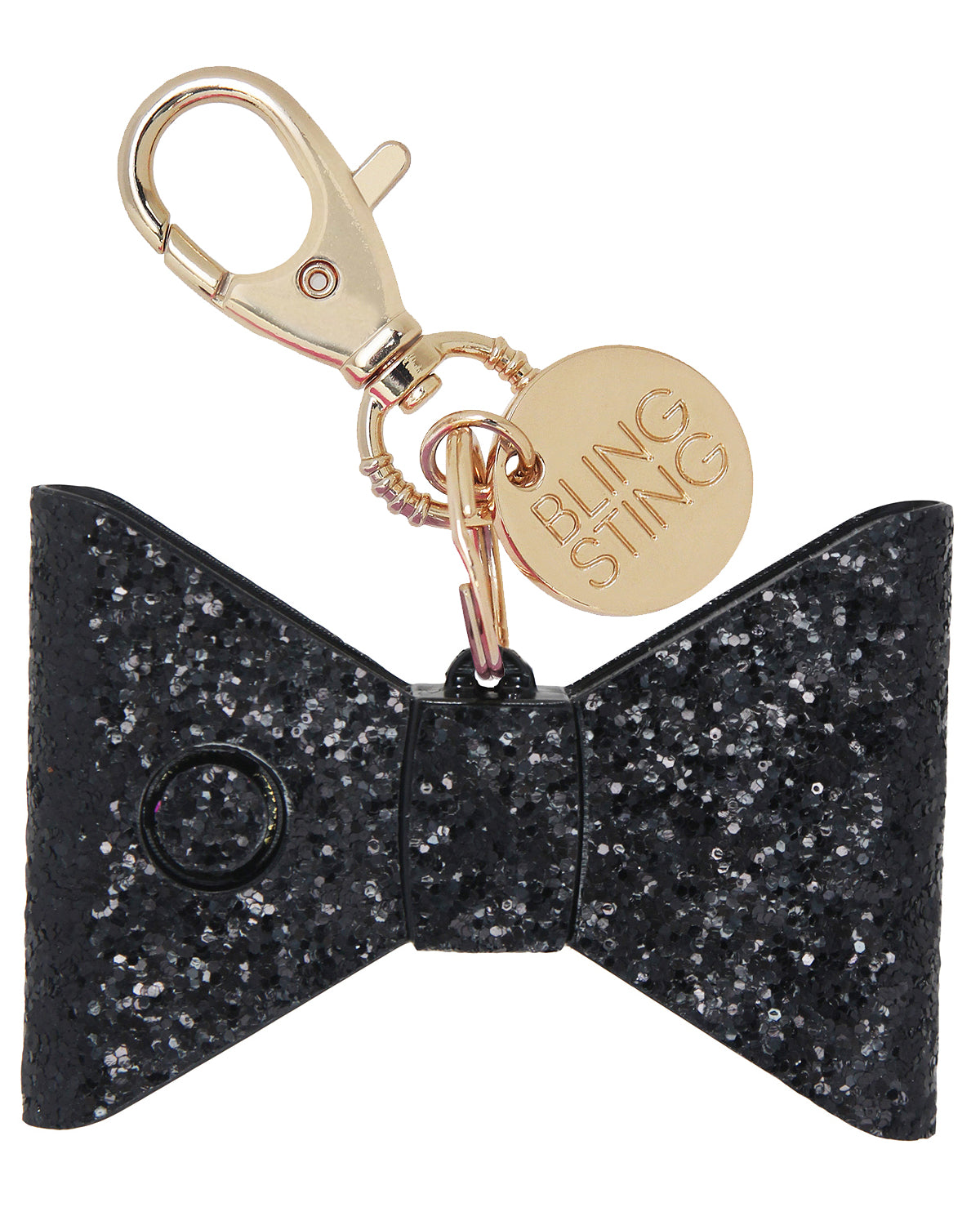 small compact personal safety alarm in a glittery bow shape with a keychain clip, an oversized lobster clip, a pink trigger button, and an LED safety light button operating on a 12-volt A23 battery available in black