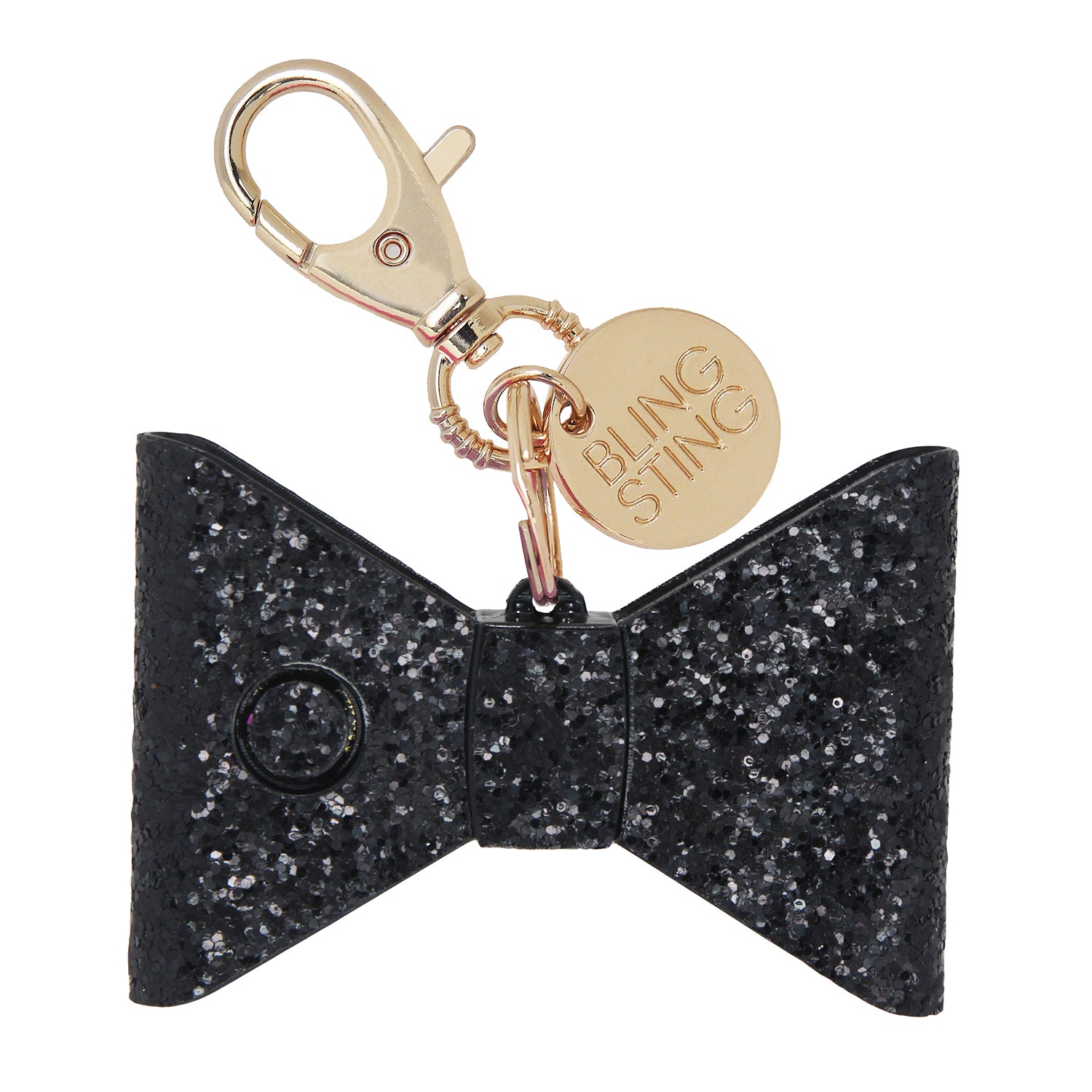 small compact personal safety alarm in a glittery bow shape with a keychain clip, an oversized lobster clip, a pink trigger button, and an LED safety light button operating on a 12-volt A23 battery available in black