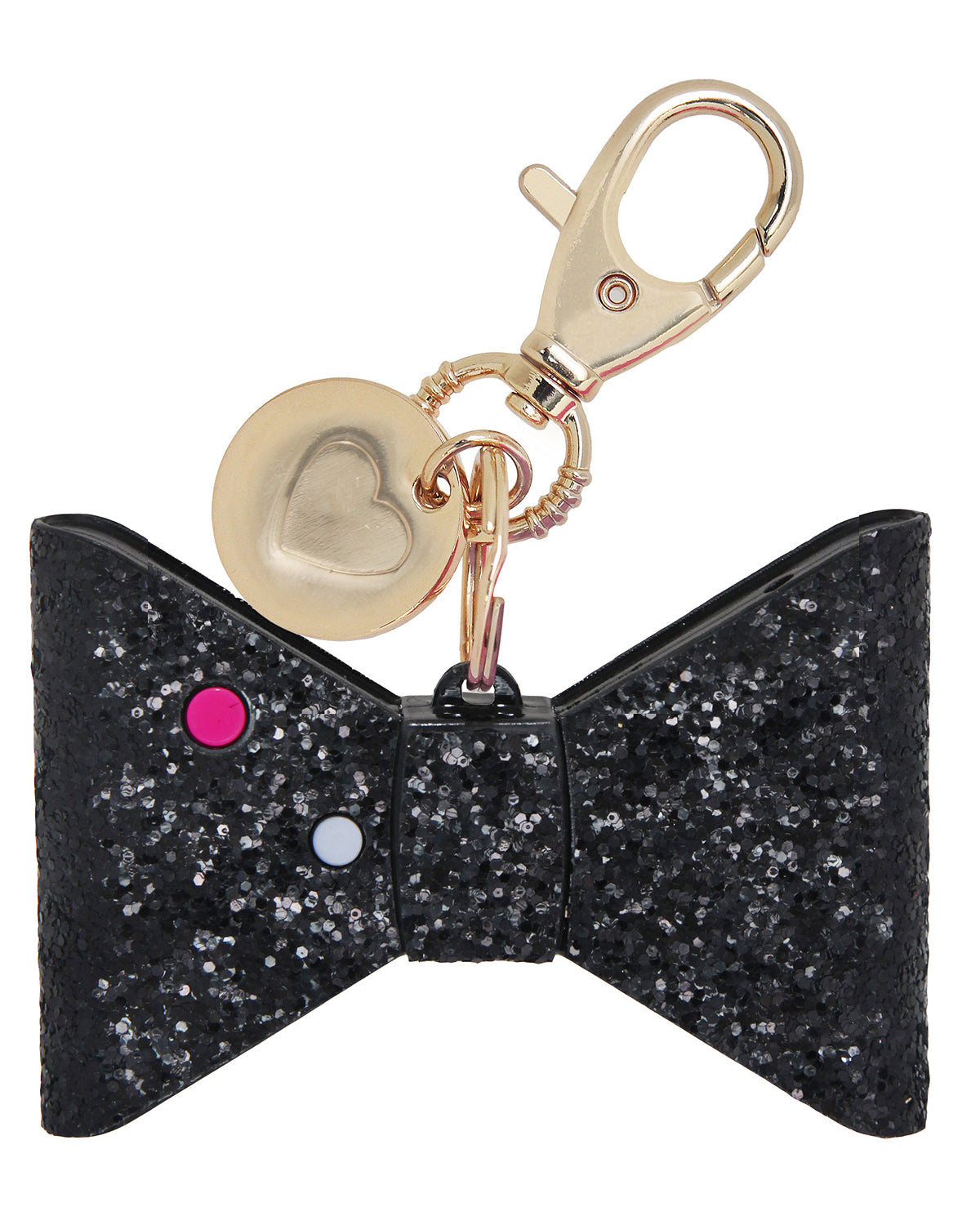 small compact personal safety alarm in a glittery bow shape with a keychain clip, an oversized lobster clip, a pink trigger button, and an LED safety light button operating on a 12-volt A23 battery available in black